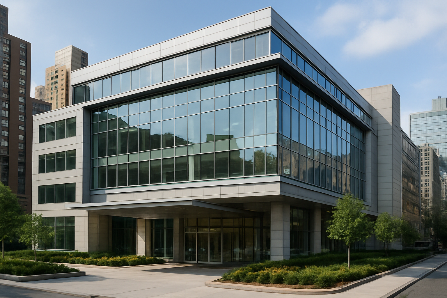 Create a realistic image of Memorial Sloan Kettering Cancer Center's modern exterior building facade in New York City, featuring the hospital's distinctive contemporary architecture with large glass windows and clean lines, surrounded by urban cityscape with other Manhattan buildings visible in the background, captured during daytime with natural lighting showcasing the professional medical facility's welcoming entrance area with landscaped surroundings, absolutely NO text should be in the scene.