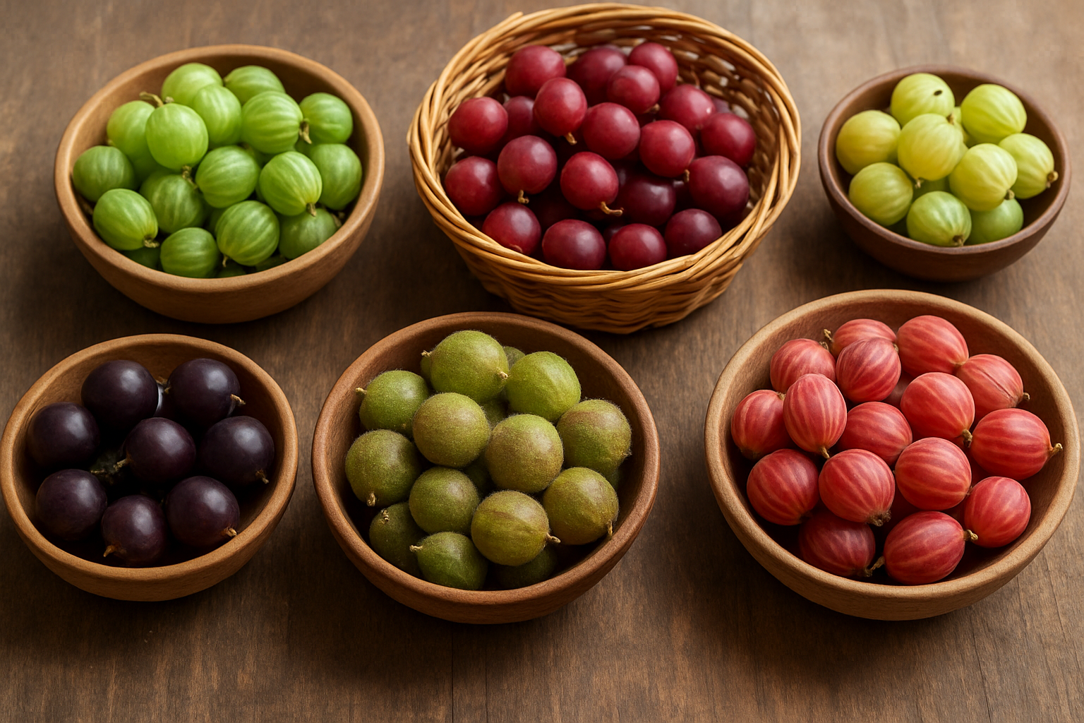 Create a realistic image of various types and varieties of gooseberries arranged in an organized display showing different colors, sizes, and shapes including green, red, purple, and white gooseberries, some smooth-skinned and others with fuzzy texture, placed in separate wooden bowls or wicker baskets on a rustic wooden table surface with natural daylight illuminating the scene to highlight the distinct characteristics of each variety, captured from a slightly elevated angle to show the diversity clearly. Absolutely NO text should be in the scene.