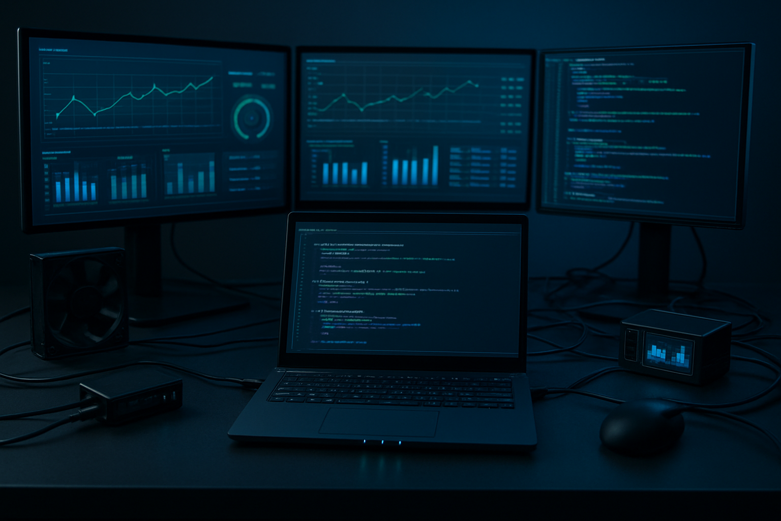 Create a realistic image of a modern computer workstation with multiple monitors displaying performance graphs, system metrics dashboards, and code optimization interfaces, featuring a sleek laptop computer as the centerpiece with glowing LED indicators showing system status, surrounded by technical equipment like cooling fans and performance monitoring devices, set against a clean dark background with subtle blue and green accent lighting that creates a professional tech atmosphere, with various cables and connections visible showing the complexity of the system setup, absolutely NO text should be in the scene.