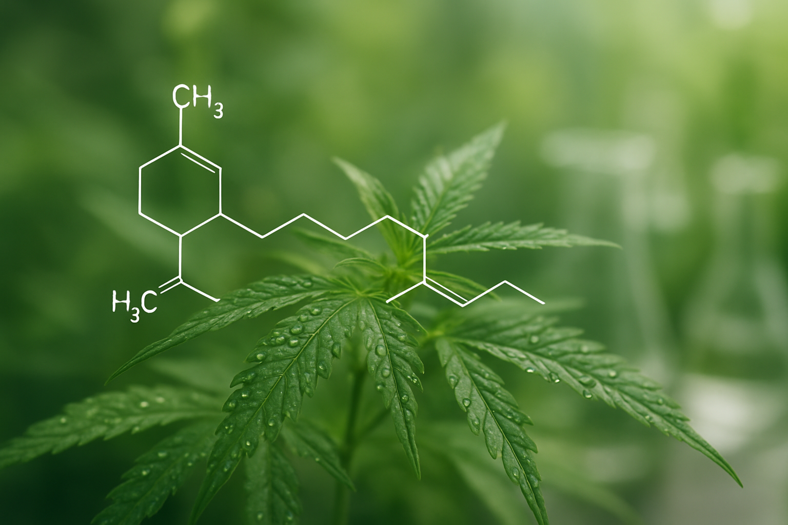 Create a realistic image of cannabis plant leaves with a detailed molecular structure diagram of farnesene floating translucently above them, showing the terpene's chemical bonds and carbon chain structure, with microscopic defensive droplets glistening on the leaf surfaces, set against a soft green botanical background with natural lighting that highlights the plant's natural defense mechanisms, scientific laboratory setting with subtle glass beakers and research equipment in the blurred background, emphasizing the molecular and protective aspects of the terpene compound, absolutely NO text should be in the scene.