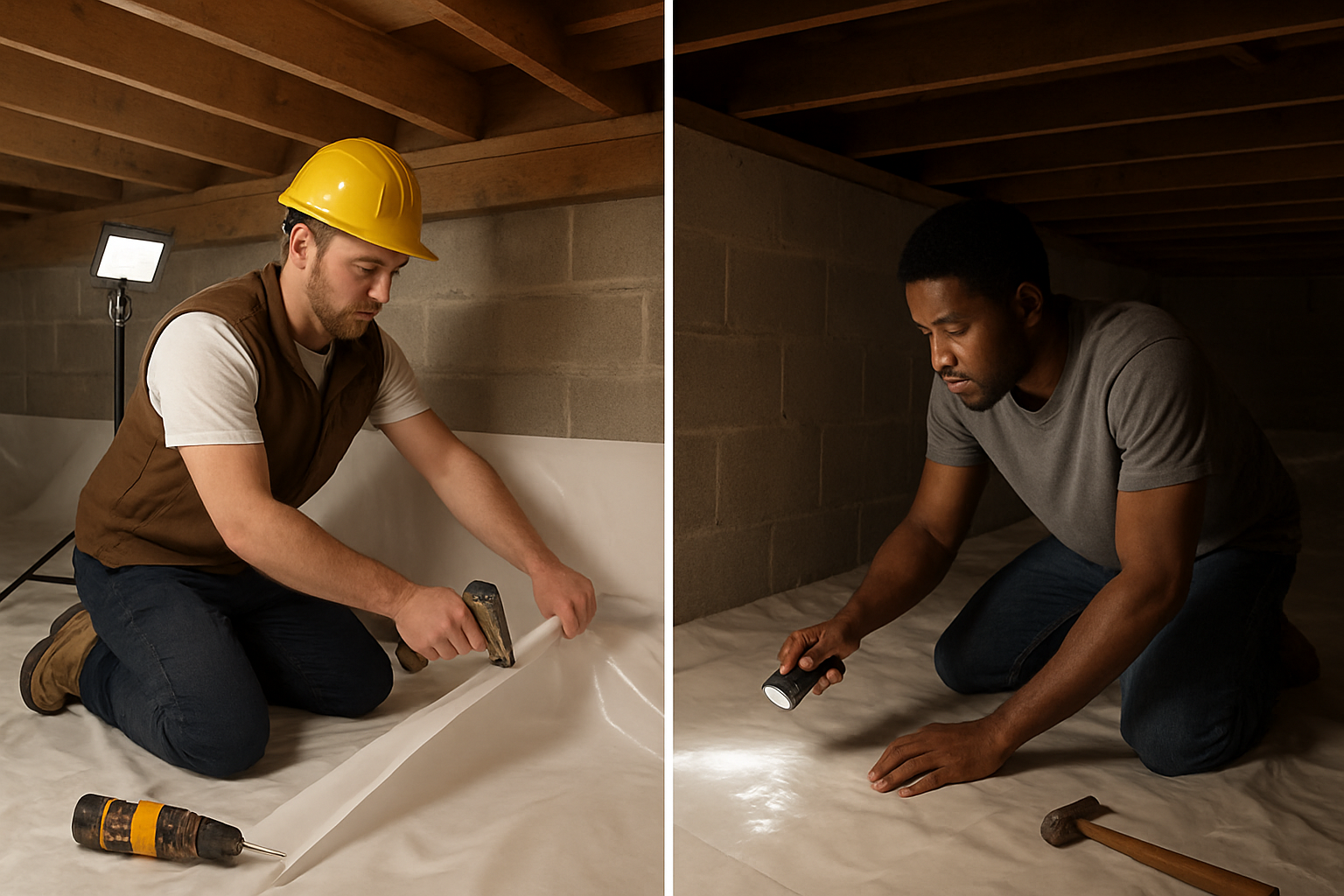 Create a realistic image of a split-screen comparison showing two different approaches to crawl space encapsulation work, with the left side displaying a white male professional contractor in work clothes and hard hat installing vapor barrier with proper tools and equipment in a well-lit crawl space, and the right side showing a black male homeowner in casual clothes attempting DIY installation with basic household tools in a dimly lit crawl space, both scenes showing exposed floor joists, concrete foundation walls, and plastic sheeting materials, with professional lighting equipment visible on the contractor's side and a simple flashlight providing illumination on the DIY side, absolutely NO text should be in the scene.