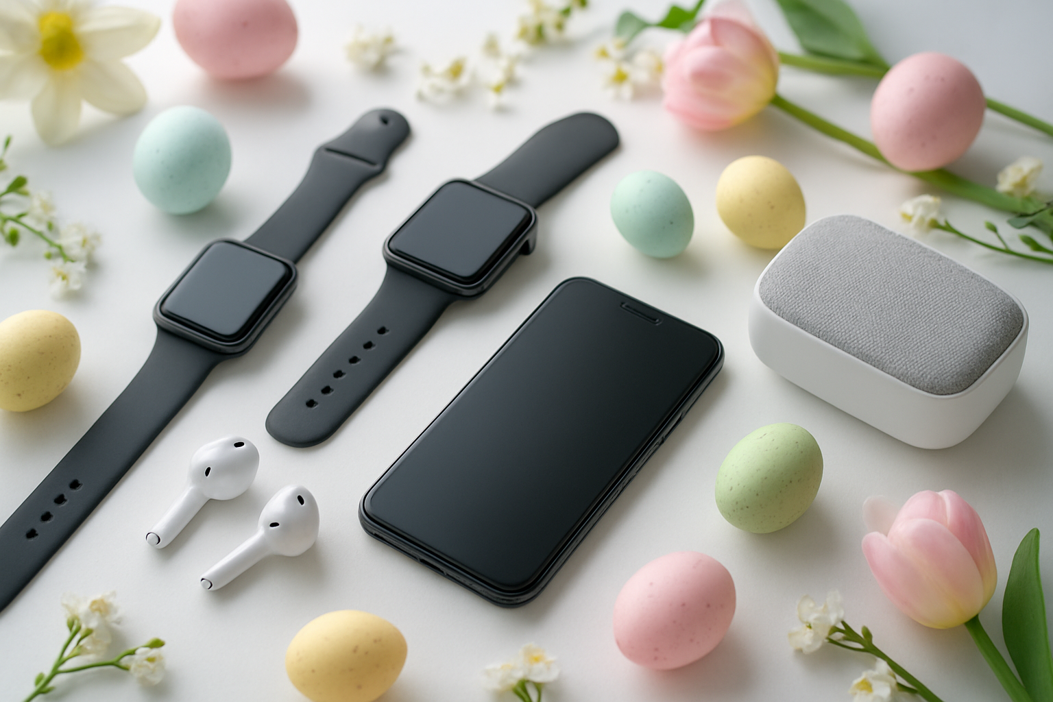 Create a realistic image of modern tech gadgets arranged on a clean white surface with pastel Easter decorations, featuring wireless earbuds, a smartwatch, a portable phone charger, and a Bluetooth speaker, surrounded by subtle Easter elements like colorful eggs and spring flowers, with soft natural lighting creating an elegant and contemporary mood that appeals to young adults. Absolutely NO text should be in the scene.