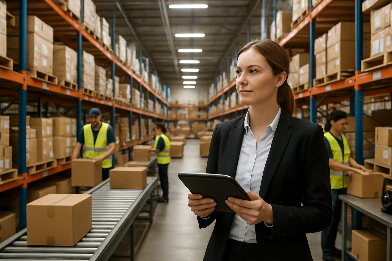 Create a realistic image of a modern warehouse interior with organized shelving units filled with various packaged products and inventory boxes, featuring a white female warehouse manager in professional attire holding a tablet while overseeing operations, with additional workers in the background sorting packages, conveyor belts moving boxes, scanning equipment on tables, and bright industrial lighting creating an efficient and organized atmosphere. Absolutely NO text should be in the scene.