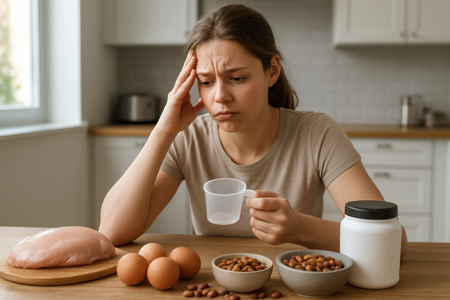 Create a realistic image of a young white female sitting at a kitchen table looking frustrated while examining various protein sources including chicken breast, eggs, protein powder container, nuts, and beans scattered on the table, with a confused expression as she holds a measuring cup, natural daylight streaming through a window creating soft lighting, kitchen background with modern appliances visible, conveying the challenge of meeting protein intake goals, absolutely NO text should be in the scene.