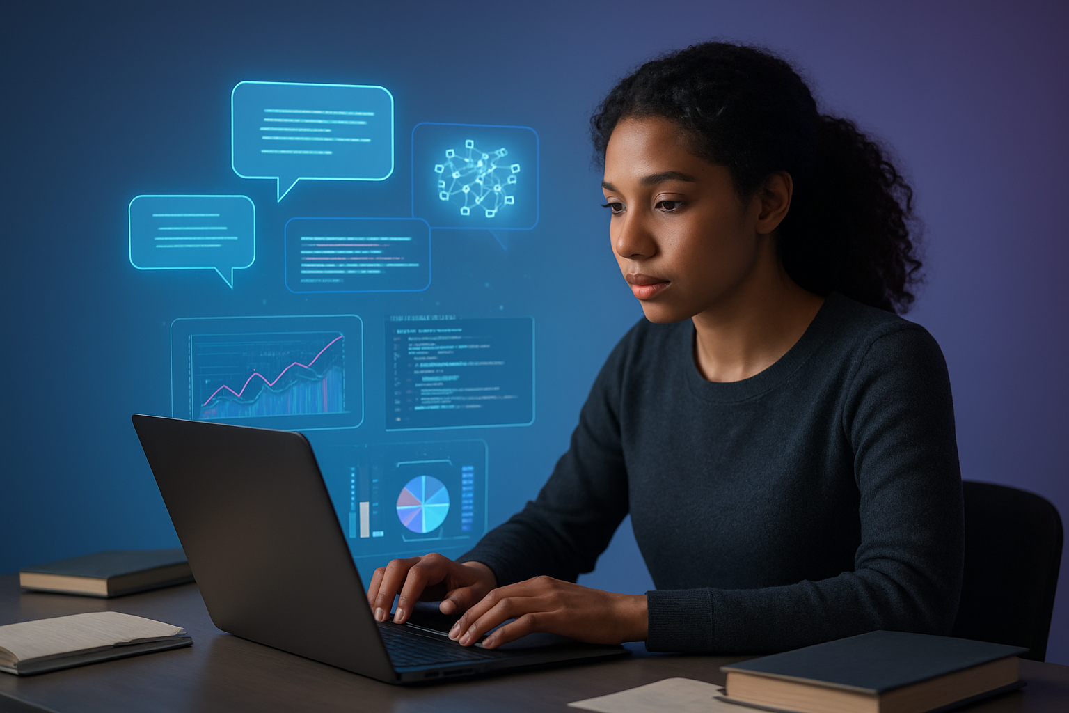 Create a realistic image of a modern workspace showing a person of mixed race, female, sitting at a sleek desk with an open laptop displaying colorful data visualizations and code interfaces, surrounded by floating holographic AI-generated text bubbles and neural network diagrams that appear to be emerging from the screen, with soft ambient lighting creating a futuristic atmosphere, books and notebooks scattered on the desk, and a subtle blue-purple gradient background suggesting digital transformation and enhanced cognitive processes, absolutely NO text should be in the scene.