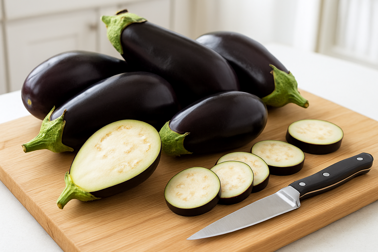 Create a realistic image of fresh whole eggplants in various shapes and sizes displayed on a clean wooden cutting board, with one eggplant cut in half showing the creamy white flesh and small seeds inside, surrounded by eggplant slices and a sharp kitchen knife nearby, set against a bright kitchen counter background with natural daylight streaming in, creating an educational and informative cooking scene that showcases the basic anatomy and appearance of eggplants, absolutely NO text should be in the scene.