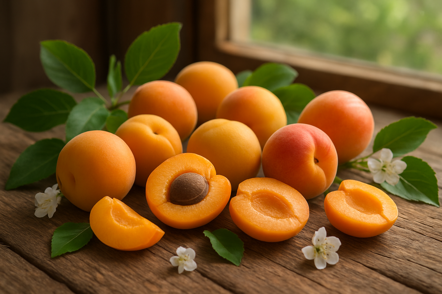 Create a realistic image of a beautiful arrangement of fresh apricots in various stages of ripeness, some whole and some cut in half showing the pit, displayed on a rustic wooden table with soft natural lighting from a nearby window, surrounded by green apricot leaves and small white apricot blossoms, creating a warm and inviting atmosphere that showcases the fruit's natural beauty and variety, with a blurred garden background visible through the window suggesting the fruit's natural growing environment, absolutely NO text should be in the scene.