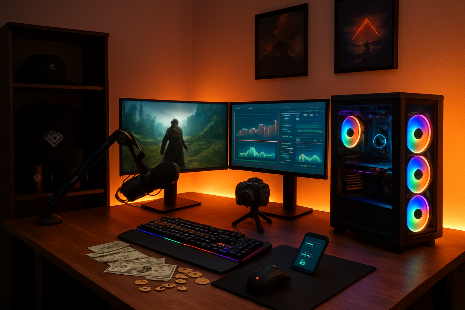 Create a realistic image of a modern gaming setup with multiple revenue streams visible, featuring a high-end gaming computer with RGB lighting, dual monitors displaying gaming content and analytics dashboards, a professional microphone and camera setup, gaming merchandise like branded t-shirts and mugs arranged on shelves, dollar bills and coins scattered on the desk, a smartphone showing donation notifications, gaming peripherals like mechanical keyboard and gaming mouse, warm ambient lighting from LED strips, clean organized workspace background with gaming posters on walls, vibrant colors emphasizing success and profitability, absolutely NO text should be in the scene.