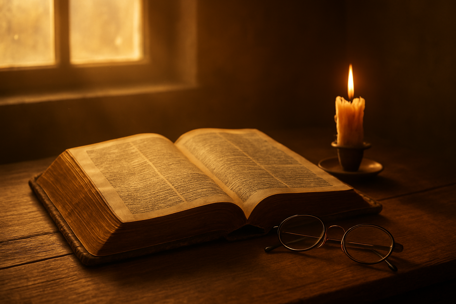 Create a realistic image of an ancient open Bible with worn leather binding resting on a wooden table, golden sunlight streaming through a window illuminating the pages, with warm amber and soft golden tones creating a peaceful and reverent atmosphere, surrounded by subtle elements like a flickering candle and reading glasses, conveying a sense of timeless wisdom and divine faithfulness, absolutely NO text should be in the scene.