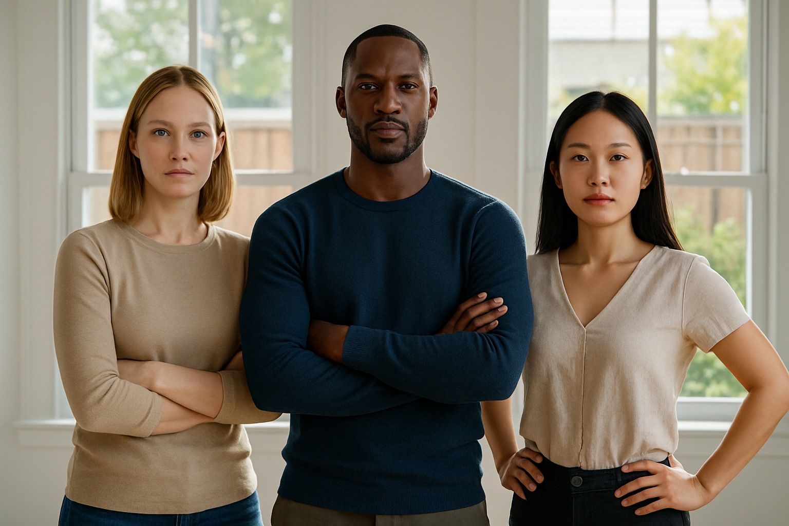Create a realistic image of a diverse group of people including a white female, black male, and Asian female standing confidently with their arms crossed or hands on hips in a bright, well-lit office or home environment, with visual elements like a sturdy fence or well-maintained garden boundary in the background, conveying strength and determination through their posture and facial expressions, with natural daylight streaming through windows creating an uplifting and empowering atmosphere. Absolutely NO text should be in the scene.