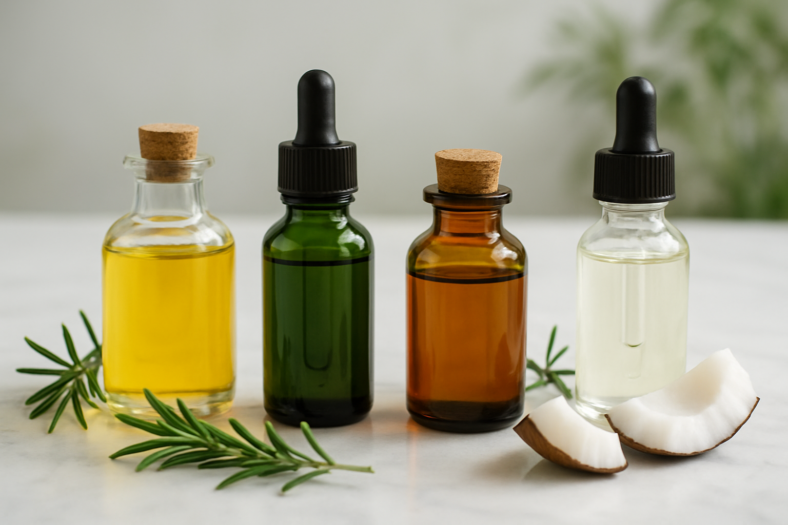 Create a realistic image of various small glass bottles and dropper vials containing different colored natural hair oils arranged on a white marble surface, including golden argan oil, dark green rosemary oil, amber coconut oil, and clear jojoba oil, with fresh herbs like rosemary sprigs and coconut pieces scattered around the bottles, soft natural lighting from above creating gentle shadows, clean and minimalist spa-like background with subtle green plants blurred in the background, absolutely NO text should be in the scene.