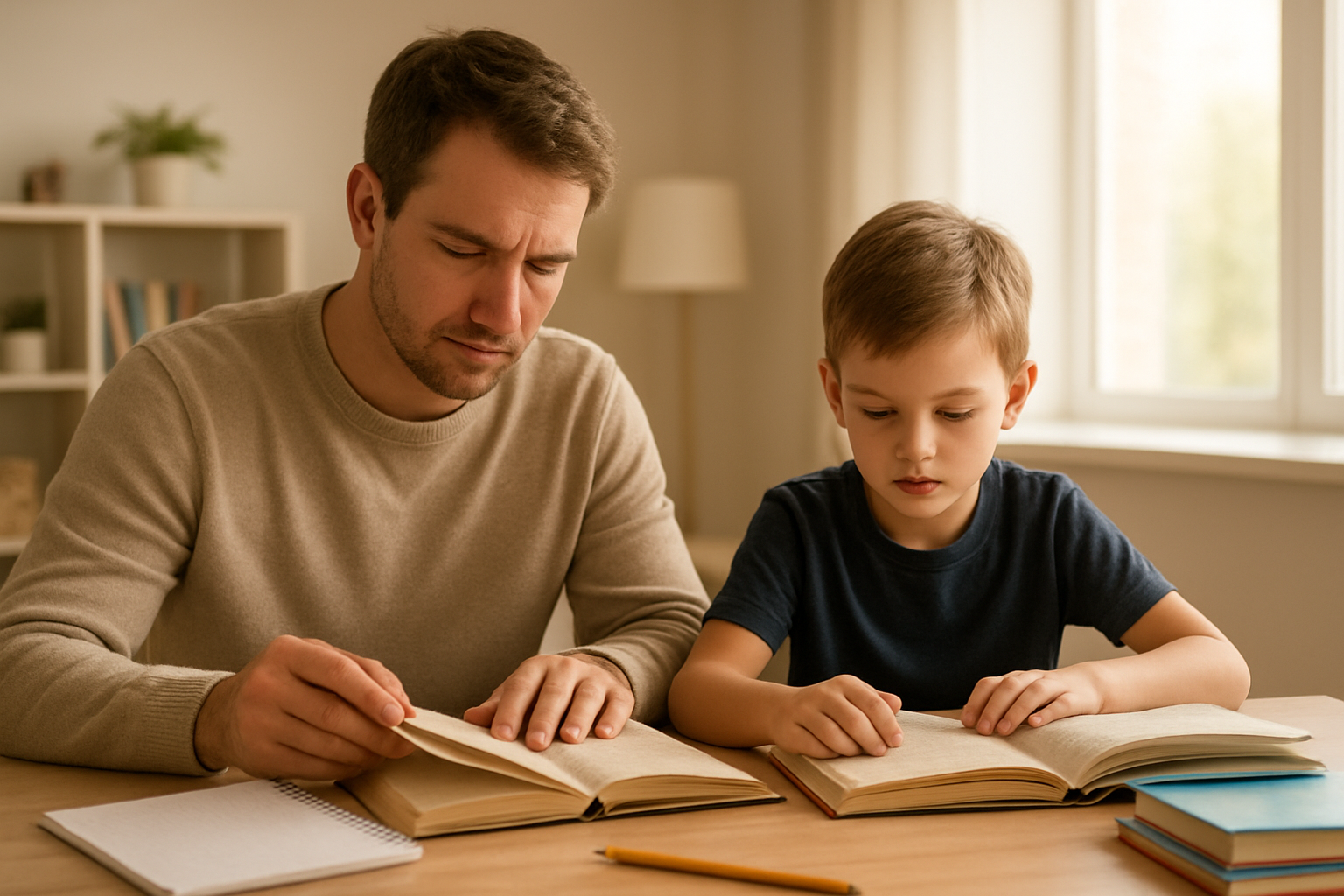 Create a realistic image of a white father and his young son sitting together at a wooden desk in a bright, modern home study room, both reading books with focused expressions, surrounded by educational materials like notebooks, pencils, and a small stack of children's learning books, with warm natural lighting streaming through a nearby window, creating an atmosphere of shared learning and intellectual growth, absolutely NO text should be in the scene.