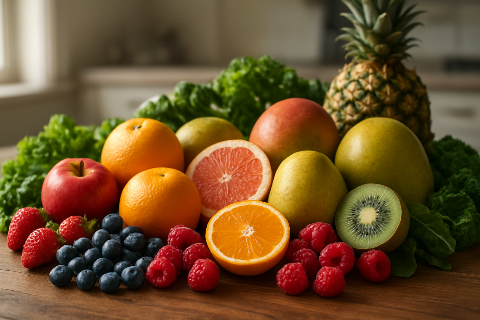 Create a realistic image of a vibrant array of fresh seasonal fruits arranged on a wooden table, including colorful berries, citrus fruits, apples, pears, and tropical fruits, with some fruits cut open to show their nutritious interior, surrounded by green leafy vegetables, with soft natural lighting streaming from a window, creating a healthy and appetizing display that emphasizes the natural abundance and health benefits of eating seasonal produce, with a clean kitchen background slightly blurred, absolutely NO text should be in the scene.