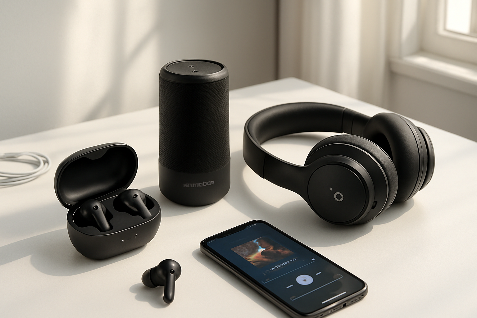 Create a realistic image of a modern desk setup showcasing multiple Soundcore audio products including wireless earbuds, a portable Bluetooth speaker, and over-ear headphones elegantly arranged on a clean white surface, with soft natural lighting from a window creating gentle shadows, a smartphone displaying a music app interface nearby, and subtle tech accessories like a charging cable in the background, conveying a premium audio lifestyle and product satisfaction, absolutely NO text should be in the scene.
