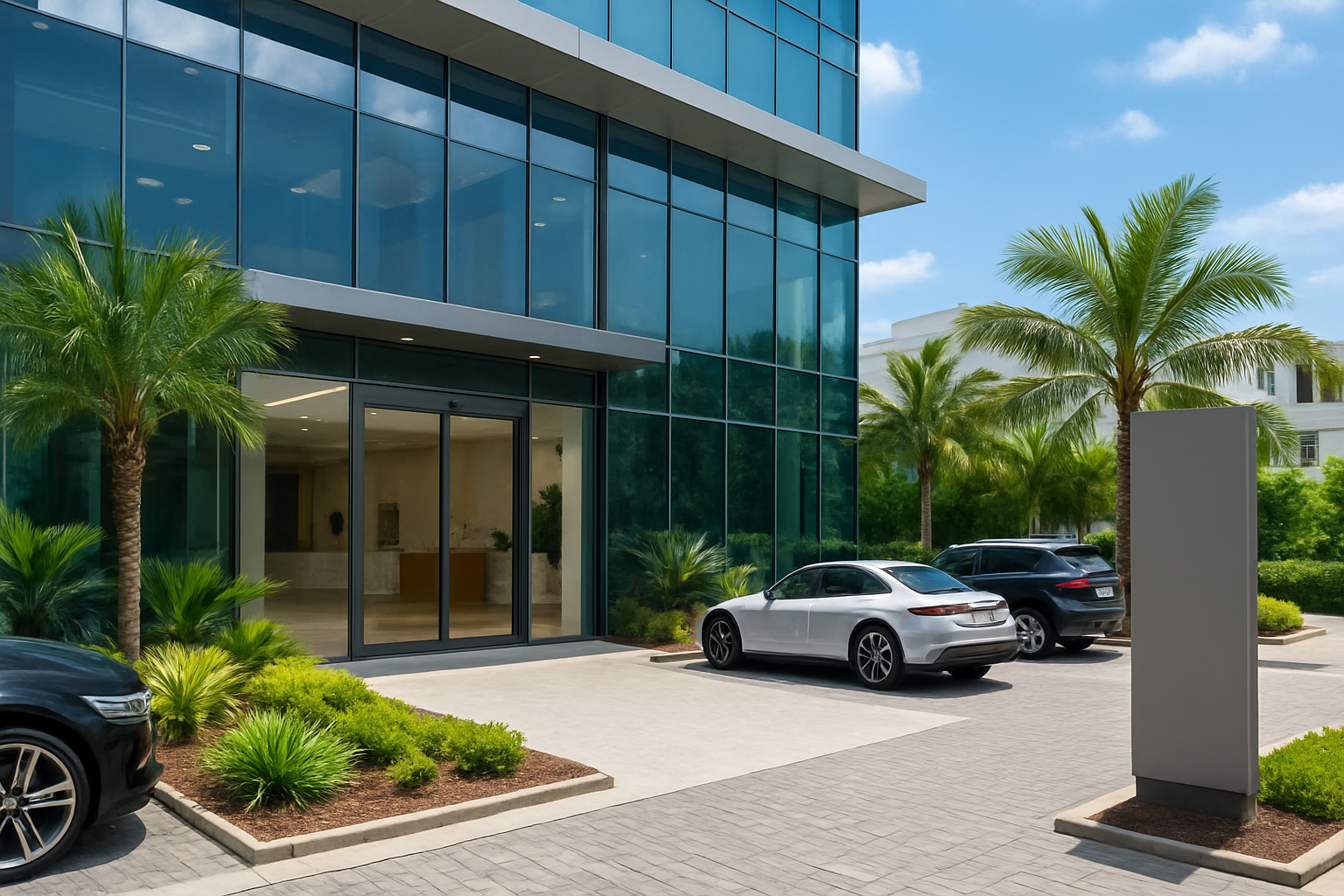 Create a realistic image of a modern, upscale dermatology clinic exterior and entrance area featuring a sleek glass building facade with contemporary architecture, well-maintained landscaping with tropical plants suitable for Bengaluru climate, a spacious parking area with luxury cars, clear directional signage, a grand entrance with automatic glass doors, marble or premium flooring visible through the entrance, professional lighting fixtures, and a welcoming reception area glimpsed through the windows, set during daytime with bright natural lighting and a clean urban background, absolutely NO text should be in the scene.