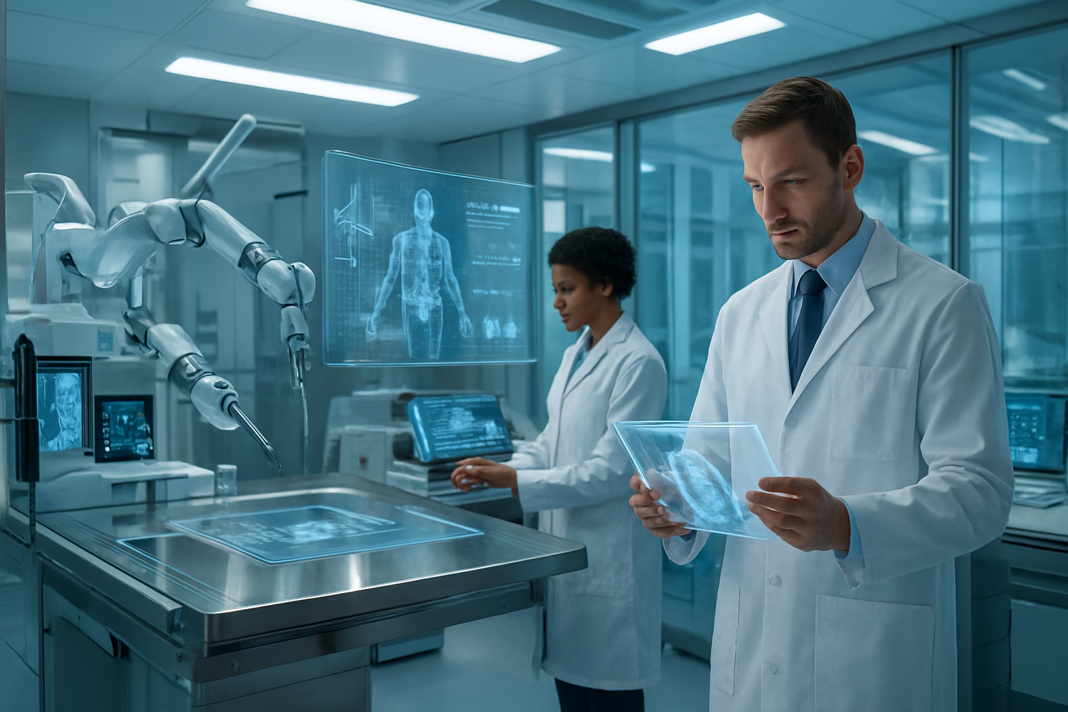 Create a realistic image of a state-of-the-art medical research laboratory with advanced robotic surgical arms, holographic displays showing 3D anatomical models, AI-powered diagnostic equipment with glowing screens, a white male scientist in a lab coat examining data on a futuristic transparent tablet, a black female researcher operating sophisticated molecular analysis machinery, gleaming metallic surfaces, bright LED lighting, sterile white and blue color scheme, high-tech medical devices and monitors displaying complex data visualizations, modern glass architecture visible through windows, professional medical research atmosphere, absolutely NO text should be in the scene.