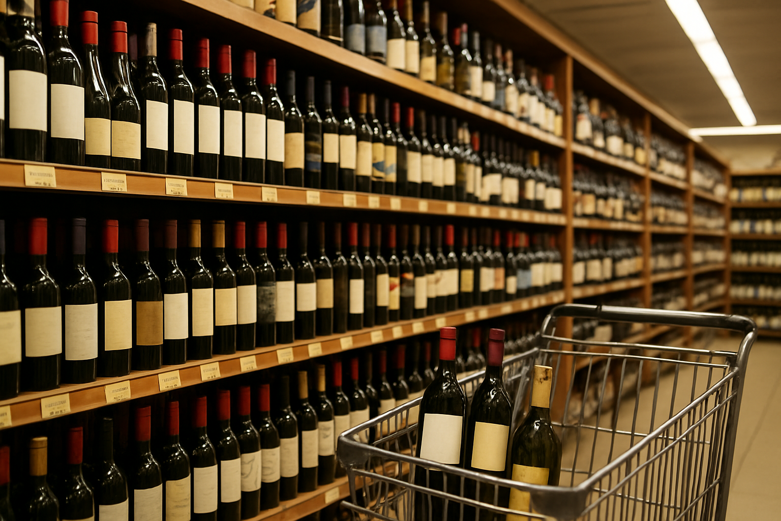 Create a realistic image of a grocery store wine aisle with multiple wine bottles displaying price tags, showing a diverse selection of affordable wines on wooden shelves, with soft fluorescent lighting from above, a shopping cart partially visible in the foreground containing a few budget wine bottles, warm and inviting atmosphere suggesting smart shopping choices, clean organized retail environment with price comparison focus, absolutely NO text should be in the scene.
