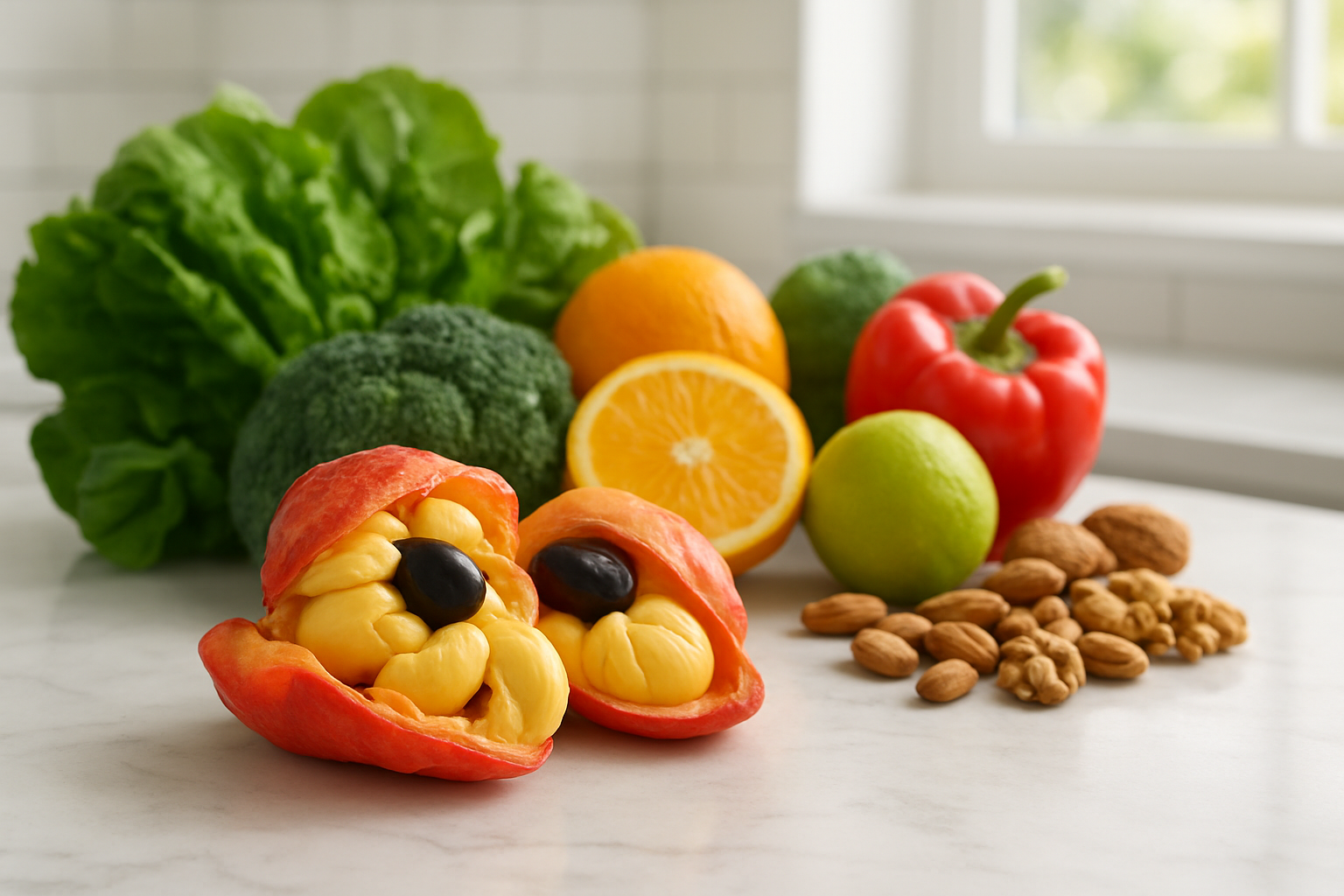 Create a realistic image of fresh ackee fruits cut open to reveal their creamy yellow arils alongside a vibrant display of colorful fruits and vegetables including leafy greens, citrus fruits, and nuts arranged on a clean white marble countertop, with soft natural lighting from a window creating gentle shadows, showcasing the nutritional abundance and health benefits of ackee in a bright modern kitchen setting, absolutely NO text should be in the scene.