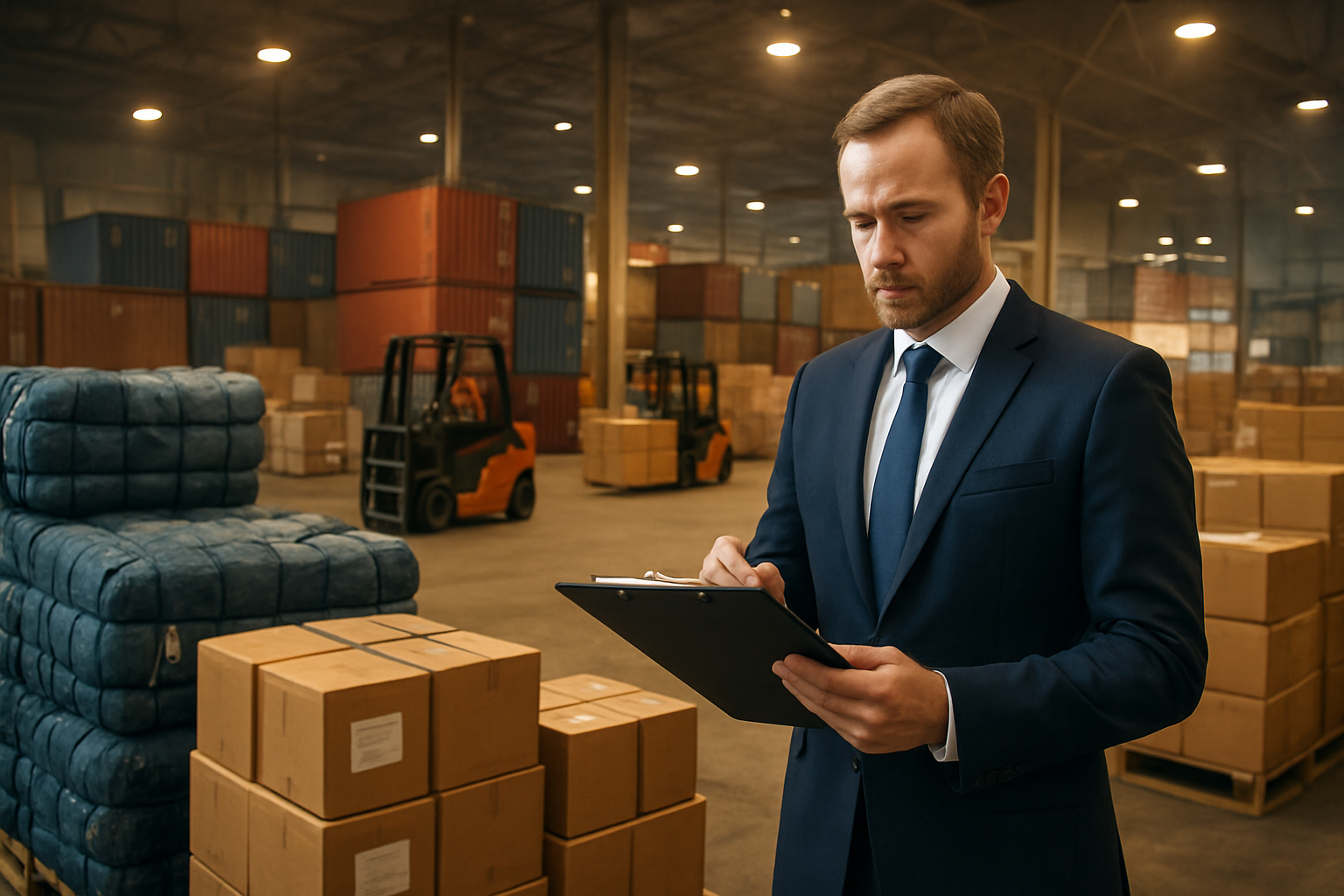 Create a realistic image of a busy international shipping warehouse with stacks of denim fabric bales and clothing boxes labeled for export, a white male logistics manager in business attire reviewing shipping documents on a clipboard, cargo containers in the background, forklifts moving merchandise, and warm industrial lighting creating a professional import-export atmosphere, absolutely NO text should be in the scene.