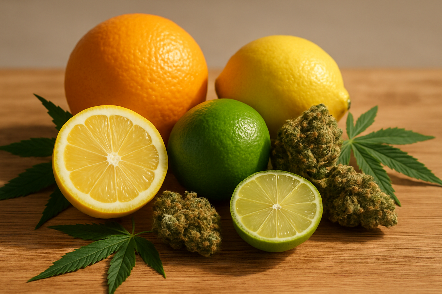 Create a realistic image of fresh citrus fruits including oranges, lemons, and limes arranged alongside green cannabis leaves and buds, with visible trichomes on the cannabis, set on a natural wooden surface with soft natural lighting highlighting the textures and colors, emphasizing the botanical connection between citrus and cannabis as sources of limonene terpene, with a clean minimalist background and warm golden hour lighting creating an educational and organic mood. Absolutely NO text should be in the scene.