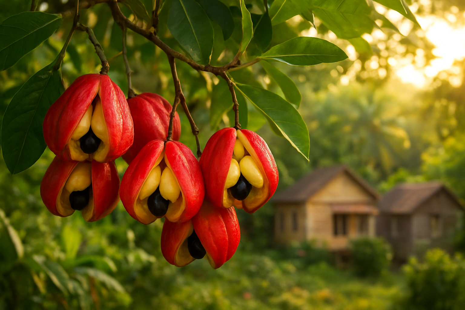 Create a realistic image of ripe ackee fruits hanging from tree branches with their distinctive red pods split open revealing creamy yellow arils inside, set against a lush tropical Caribbean landscape background with traditional wooden houses visible in the distance, warm golden sunlight filtering through green foliage creating a cultural heritage atmosphere that showcases the fruit's natural habitat and regional significance, absolutely NO text should be in the scene.