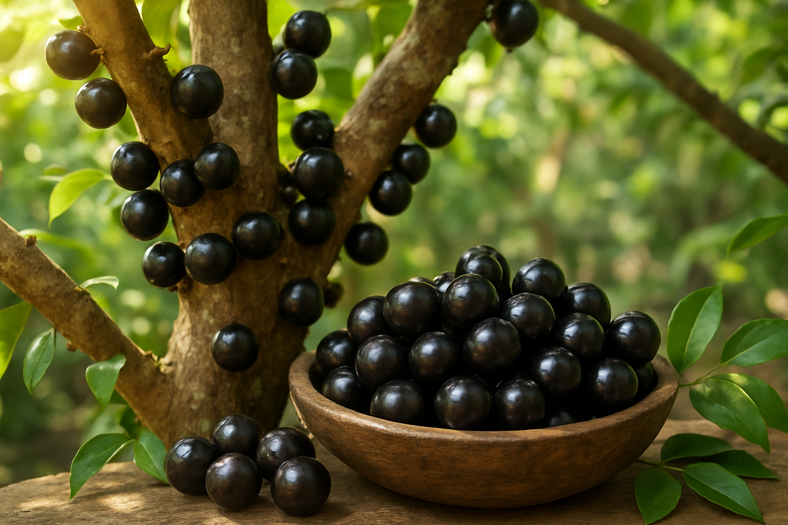 Create a realistic image of fresh jabuticaba fruits growing directly on the trunk and branches of a mature jabuticaba tree, with some fruits harvested and displayed in a rustic wooden bowl in the foreground, surrounded by green leaves and natural lighting filtering through the canopy, creating a warm and inviting atmosphere that showcases both the unique growing pattern and the appealing nature of these purple-black fruits, with soft natural shadows and a blurred garden background suggesting a peaceful home growing environment, absolutely NO text should be in the scene.
