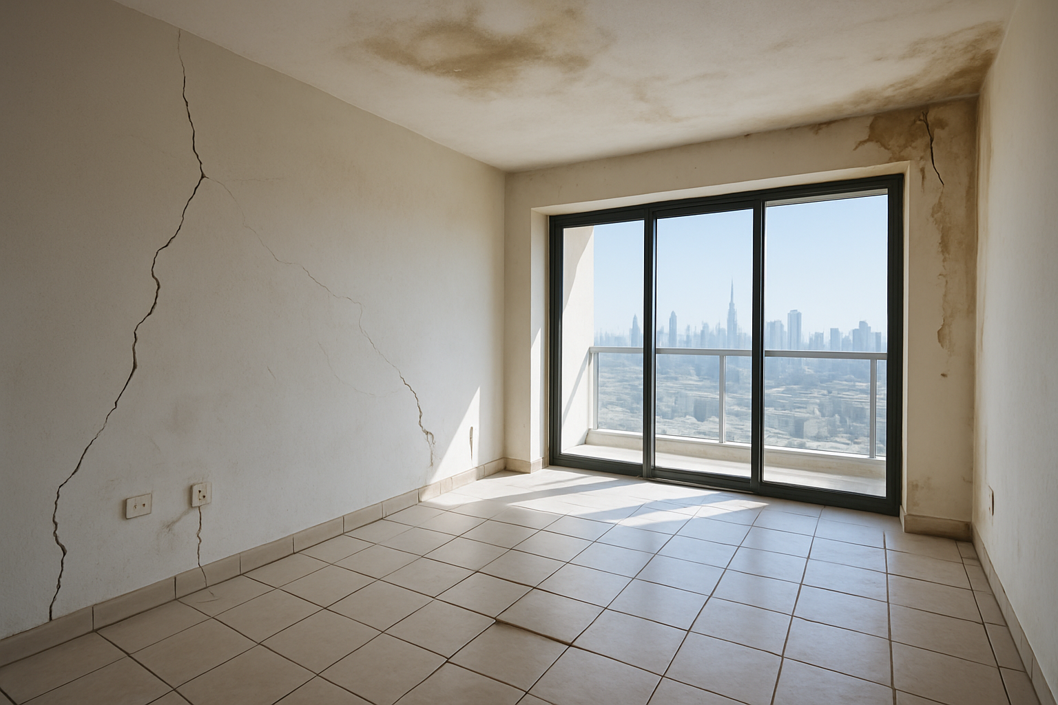 Create a realistic image of a modern Dubai apartment interior showing visible construction defects including cracked walls with visible fissures, water stains on the ceiling, uneven floor tiles with gaps between them, poorly installed electrical outlets hanging loose from the wall, and paint peeling near a window, with bright natural lighting coming through floor-to-ceiling windows revealing the city skyline in the background, captured from a wide angle perspective to show multiple defects in one frame, absolutely NO text should be in the scene.
