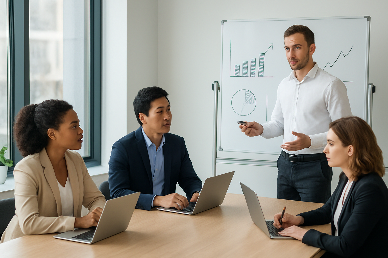 Create a realistic image of a diverse business meeting with a white male presenter standing at a whiteboard covered with data charts and graphs showing upward trending arrows, while a mixed group including a black female, Asian male, and white female sit around a modern conference table with laptops and notebooks, all appearing engaged and focused, set in a bright modern office with large windows providing natural lighting, conveying a professional atmosphere of measuring communication effectiveness and impact analysis, absolutely NO text should be in the scene.
