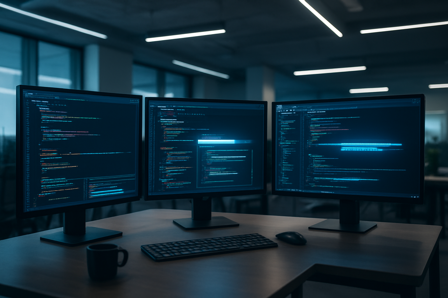 Create a realistic image of a modern software development workspace showing multiple computer monitors displaying code editors and AI-powered development tools, with visual indicators of accelerated workflows like progress bars moving quickly, automated code suggestions appearing in real-time, and deployment pipelines running simultaneously, set in a contemporary tech office environment with clean lighting, sleek desks, and a futuristic atmosphere that conveys speed and efficiency through AI integration, absolutely NO text should be in the scene.