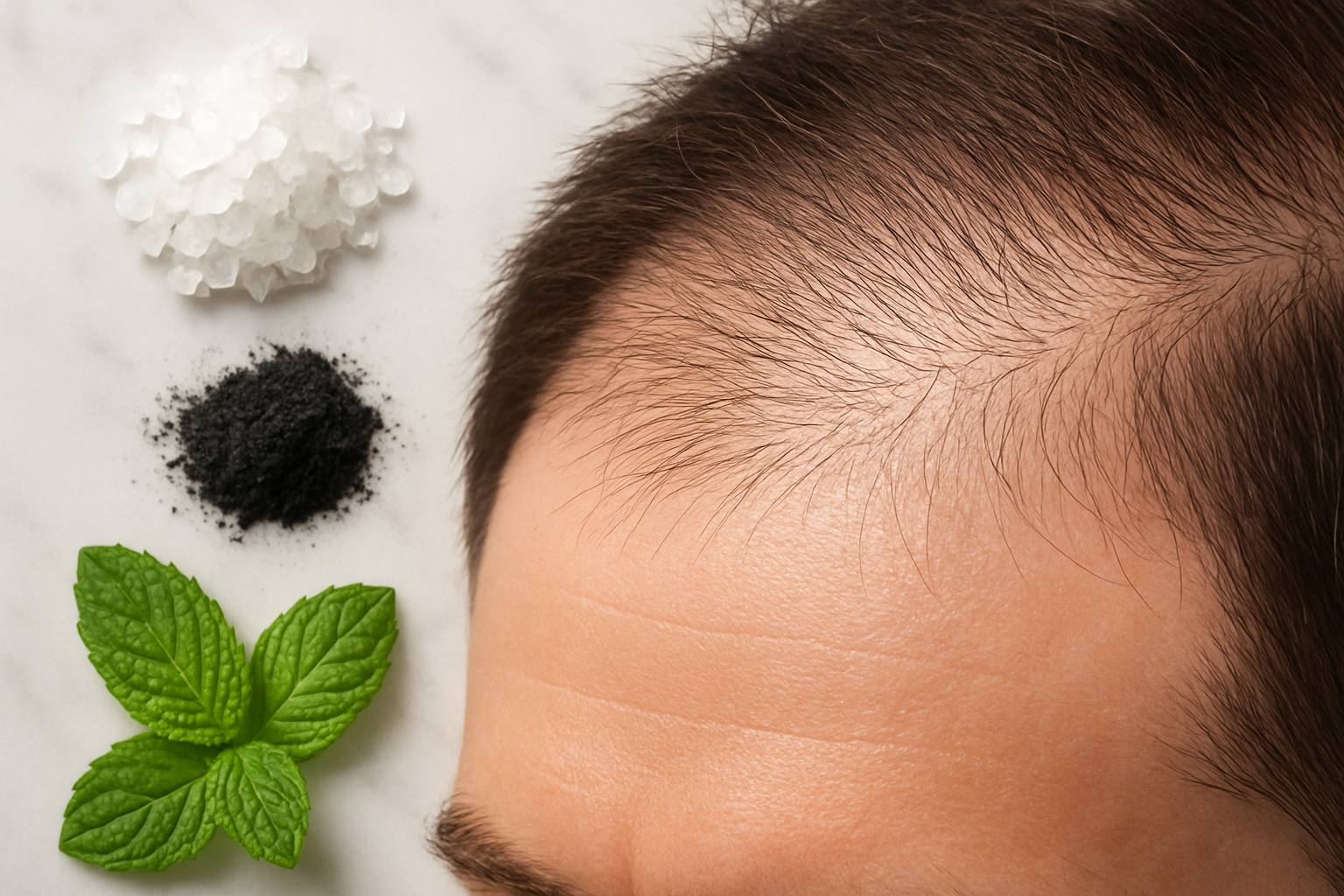 Create a realistic image of a close-up view of a healthy human scalp with clean hair follicles, surrounded by natural detoxifying elements like sea salt crystals, activated charcoal powder, tea tree oil drops, and fresh mint leaves arranged on a clean white marble surface, with soft natural lighting highlighting the texture and cleanliness of the scalp area, conveying a sense of purification and hair care fundamentals, absolutely NO text should be in the scene.