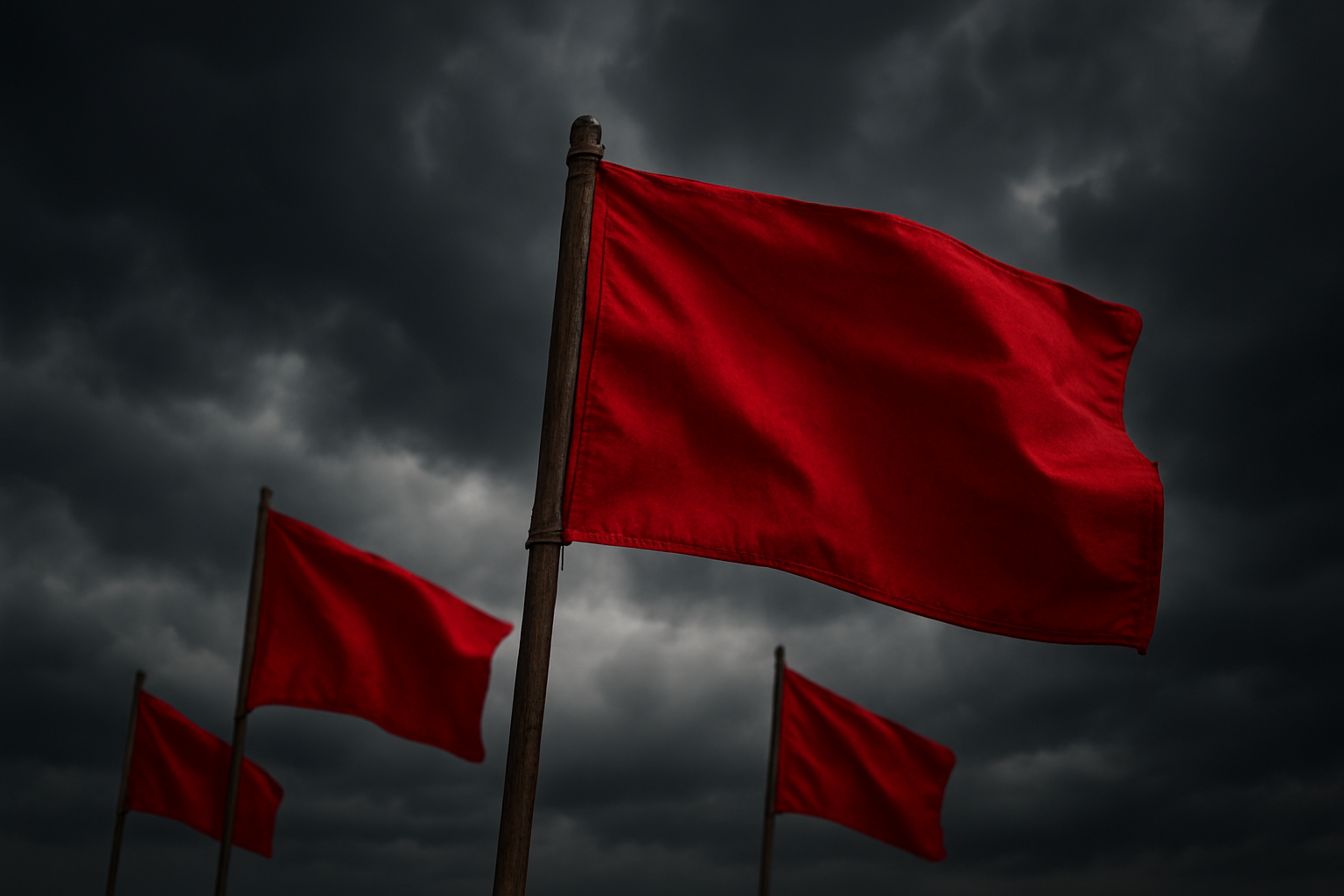 Create a realistic image of a close-up view of bright red warning flags on wooden poles against a stormy gray sky, with dark storm clouds gathering in the background, creating an ominous and cautionary atmosphere that symbolizes relationship red flags and danger signs, shot during overcast daylight with dramatic lighting that emphasizes the contrast between the vibrant red flags and the threatening sky, absolutely NO text should be in the scene.
