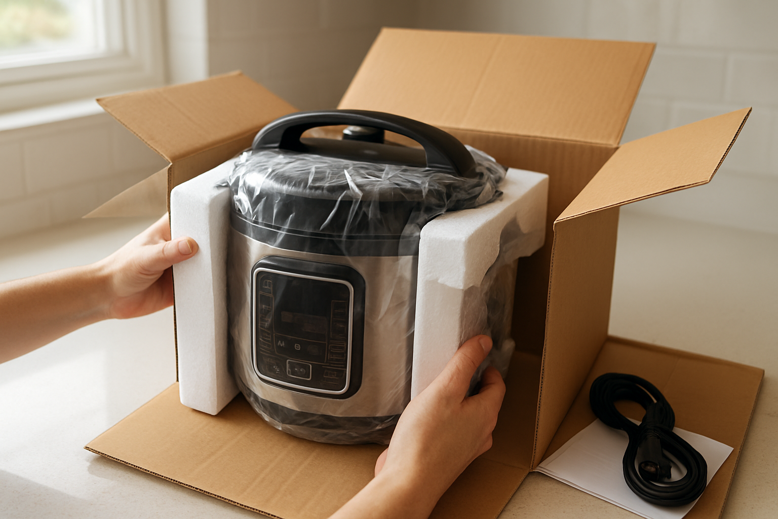 Create a realistic image of a Nutricook Smart Pot Electric Pressure Cooker 4L being carefully removed from its original packaging box, with protective foam padding and plastic wrapping visible around the sleek stainless steel appliance, the opened cardboard box showing the product compartments, accessories like power cord and instruction manual partially visible, shot from a slightly elevated angle on a clean kitchen counter with soft natural lighting from a nearby window, creating a warm and inviting unboxing atmosphere that conveys the excitement of receiving a new kitchen appliance, absolutely NO text should be in the scene.
