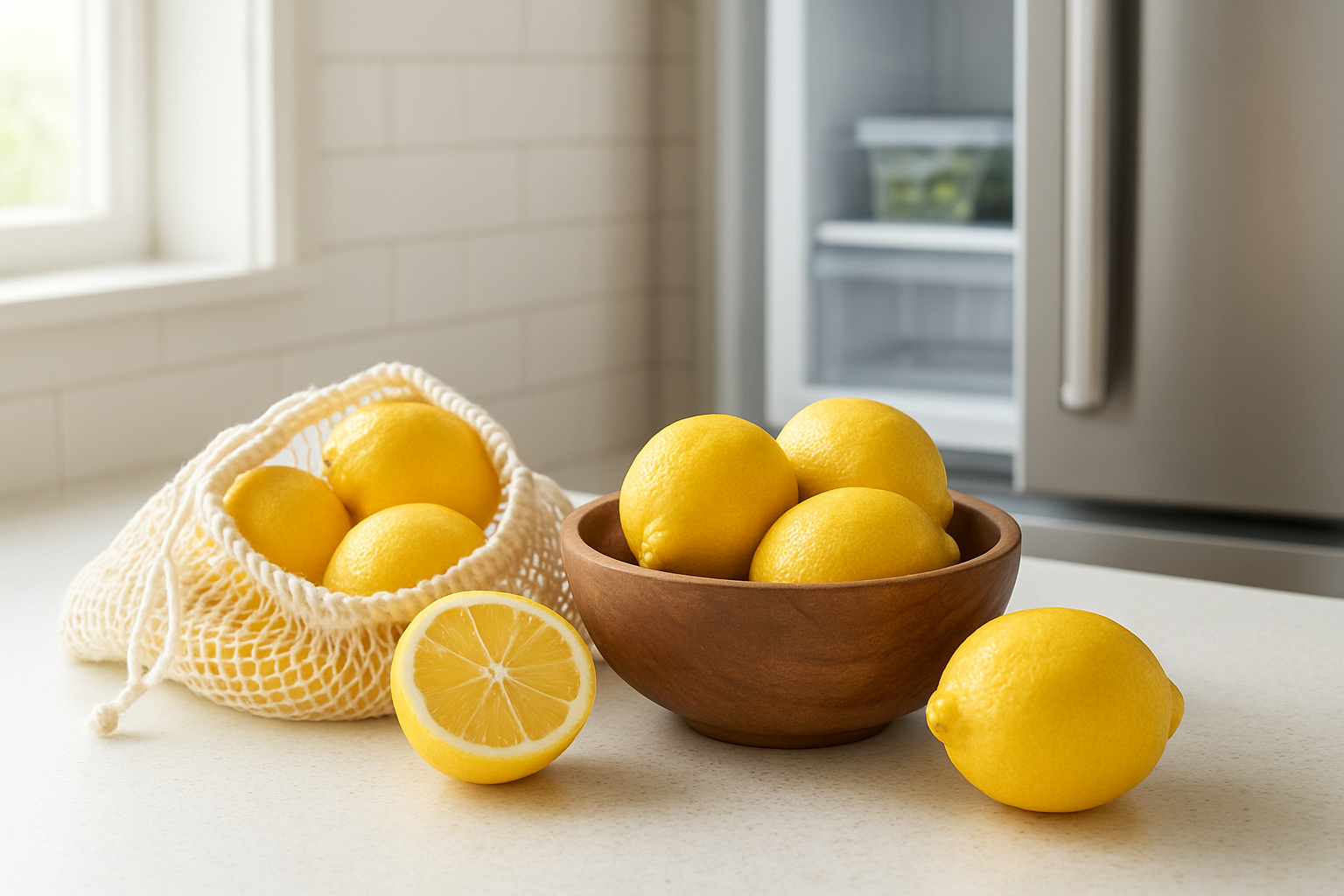 Create a realistic image of fresh yellow lemons arranged on a clean kitchen counter, with some lemons stored in a breathable mesh bag, others placed in a wooden bowl, and one lemon cut in half showing the juicy interior, alongside a modern refrigerator with its door slightly open in the background, soft natural lighting from a nearby window illuminating the scene, creating a bright and fresh kitchen atmosphere that emphasizes proper lemon storage methods, absolutely NO text should be in the scene.