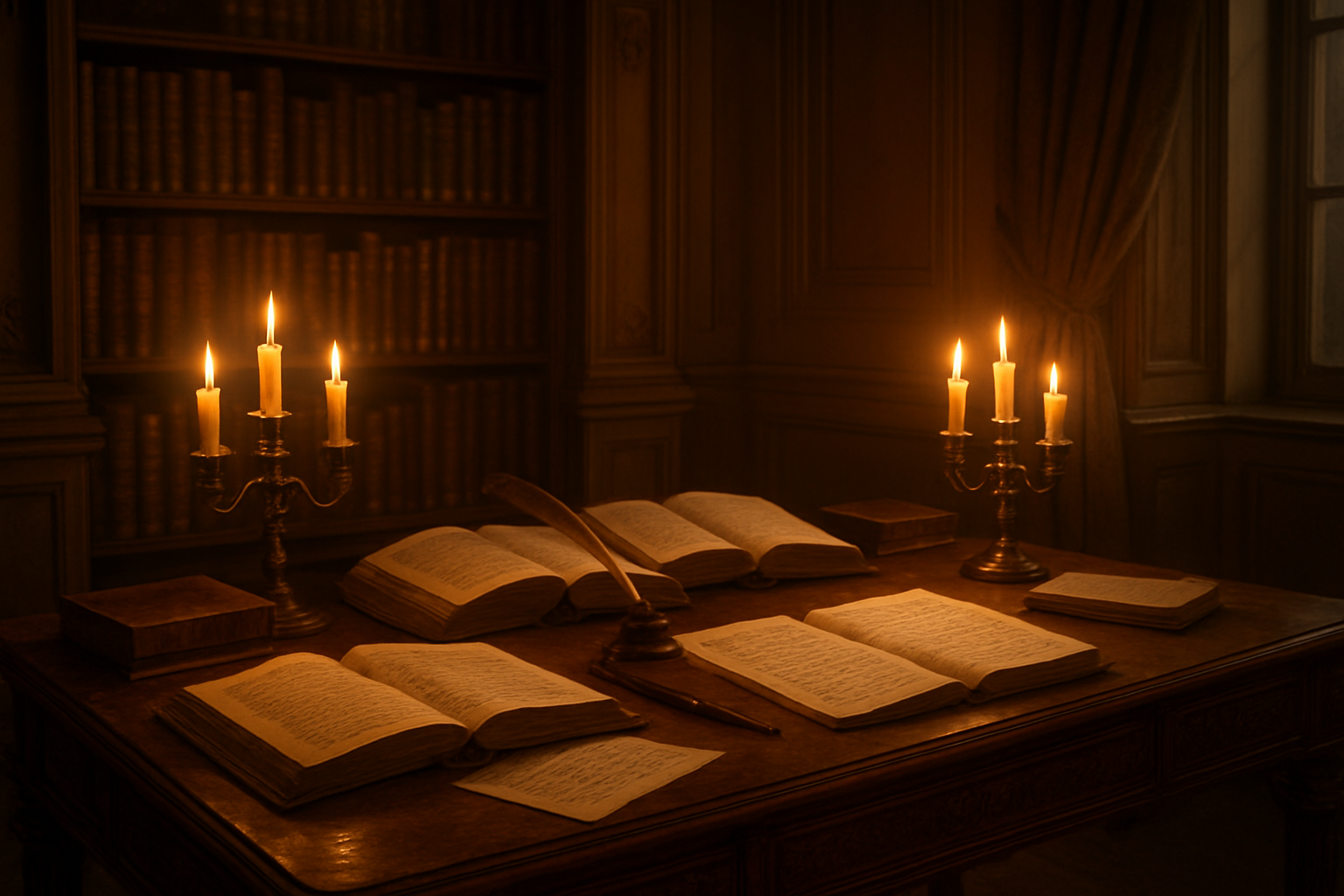 Create a realistic image of an elegant 18th-century study room with an ornate wooden desk containing open philosophy books, quill pens, and handwritten poetry manuscripts, surrounded by leather-bound volumes on wooden shelves, with soft candlelight illuminating the scene from brass candelabras, creating warm shadows that emphasize the intellectual atmosphere of the Enlightenment era, featuring classical architectural elements like decorative moldings and tall windows with heavy curtains, all rendered in rich browns, golds, and amber tones to convey the transformative spirit of philosophical thought influencing poetic expression, absolutely NO text should be in the scene.