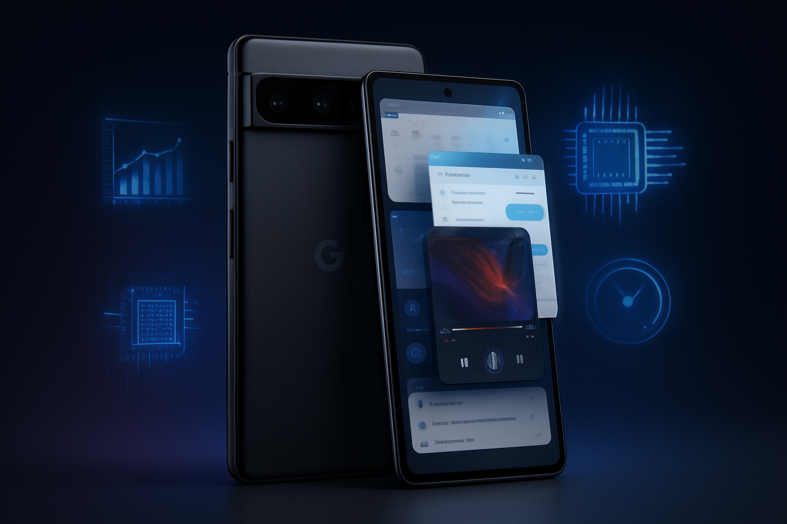 Create a realistic image of a sleek Google Pixel 10 Pro smartphone displaying multiple apps running simultaneously on its screen, with translucent app windows overlapping to show seamless multitasking capabilities, surrounded by floating holographic performance indicators and processor architecture diagrams, set against a modern dark gradient background with subtle blue and purple lighting effects that emphasize the phone's premium design and advanced technology, absolutely NO text should be in the scene.