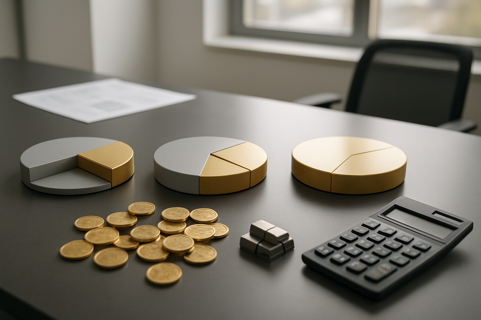 Create a realistic image of a modern financial planning office scene with three distinct pie charts displayed on a sleek desk, each showing different proportions of gold colored sections representing conservative, moderate, and aggressive investment allocations, alongside scattered gold coins and small silver bars, with a professional calculator and financial documents in the background, soft natural lighting from a window, clean business environment with neutral colors, absolutely NO text should be in the scene.