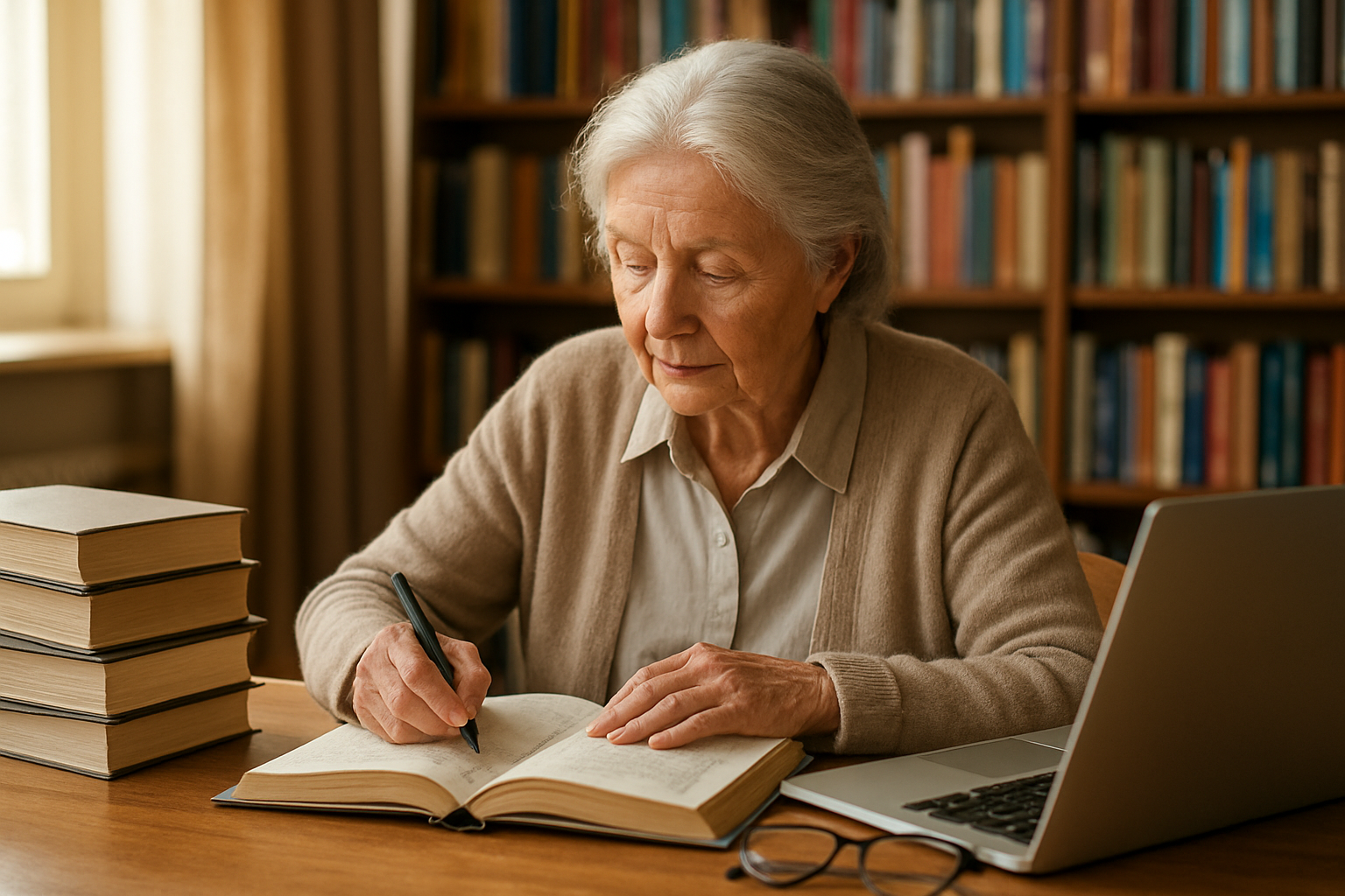 Create a realistic image of an elderly white female with gray hair sitting at a wooden desk in a bright, well-lit library or study room, focused on reading an open book while taking notes with a pen, surrounded by stacked books, a laptop computer, and reading glasses nearby, with tall bookshelves filled with colorful books in the background, warm natural lighting streaming through a window, conveying a peaceful and intellectually stimulating atmosphere of lifelong learning and mental engagement, absolutely NO text should be in the scene.