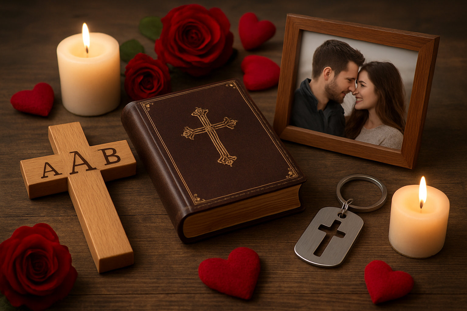 Create a realistic image of personalized Christian keepsakes arranged on a rustic wooden table, including an engraved wooden cross with initials, a custom leather-bound Bible with gold embossing, a personalized metal keychain with a cross pendant, and a framed photo of a couple together, surrounded by soft warm lighting from candles, with valentine-themed decorative elements like red roses and heart-shaped accents in the background, creating an intimate and romantic atmosphere that celebrates both faith and love, absolutely NO text should be in the scene.