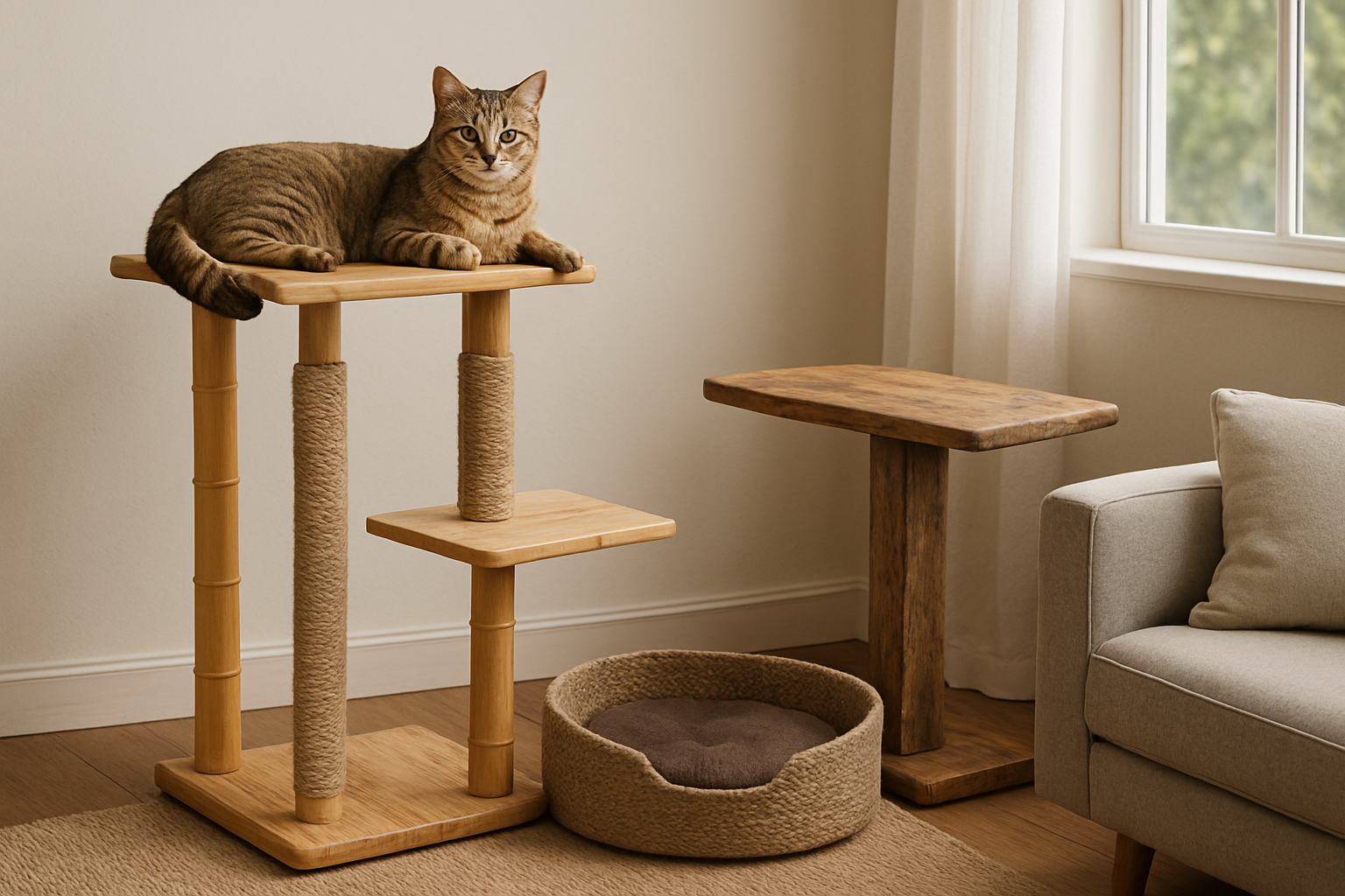 Create a realistic image of sustainable cat furniture and bedding in a modern living room, featuring a beautiful tabby cat lounging on a natural bamboo cat tree with organic hemp rope scratching posts, a cozy cat bed made from recycled materials with earth-tone fabric, and a wooden cat perch crafted from reclaimed wood, all arranged near a bright window with soft natural lighting streaming in, creating a warm and eco-friendly atmosphere that showcases environmentally conscious pet care products, absolutely NO text should be in the scene.