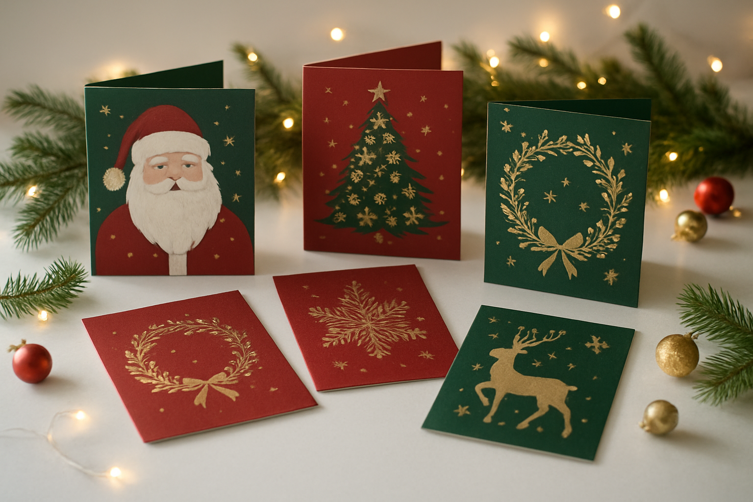 Create a realistic image of a beautifully arranged collection of Christmas cards displayed on a clean white desk surface, featuring various festive designs including Santa Claus, Christmas trees, snowflakes, reindeer, and holiday wreaths in rich red, green, and gold colors, with some cards standing upright and others laid flat to showcase different designs, surrounded by subtle Christmas decorations like pine branches, small ornaments, and fairy lights creating a warm golden glow, shot from a slightly elevated angle with soft natural lighting coming from the side, creating gentle shadows that add depth to the scene, absolutely NO text should be in the scene.