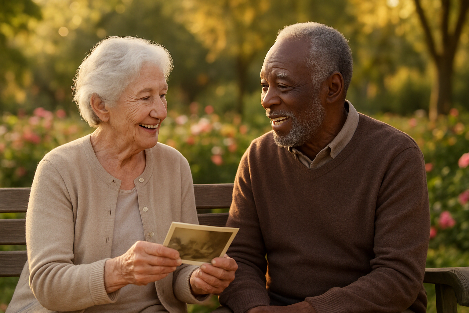 Create a realistic image of an elderly white female and elderly black male sitting together on a park bench having a warm conversation, with the woman gently holding a photo while both are smiling genuinely, surrounded by a peaceful garden setting with blooming flowers and soft trees in the background, warm golden afternoon lighting creating a cozy and intimate atmosphere that emphasizes human connection and friendship, absolutely NO text should be in the scene.