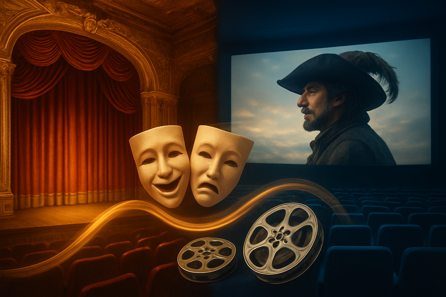 Create a realistic image of a split composition showing the enduring legacy of Cyrano de Bergerac, featuring on one side a vintage theater stage with ornate 19th-century architecture and red velvet curtains, and on the other side a modern movie theater screen displaying a contemporary film adaptation, with classic theatrical masks and modern film reels scattered between both sides, connected by a flowing timeline visual element, warm golden lighting illuminating the classical side while cool blue cinematic lighting bathes the modern side, creating a bridge between traditional and contemporary interpretations of the classic French literary work, absolutely NO text should be in the scene.