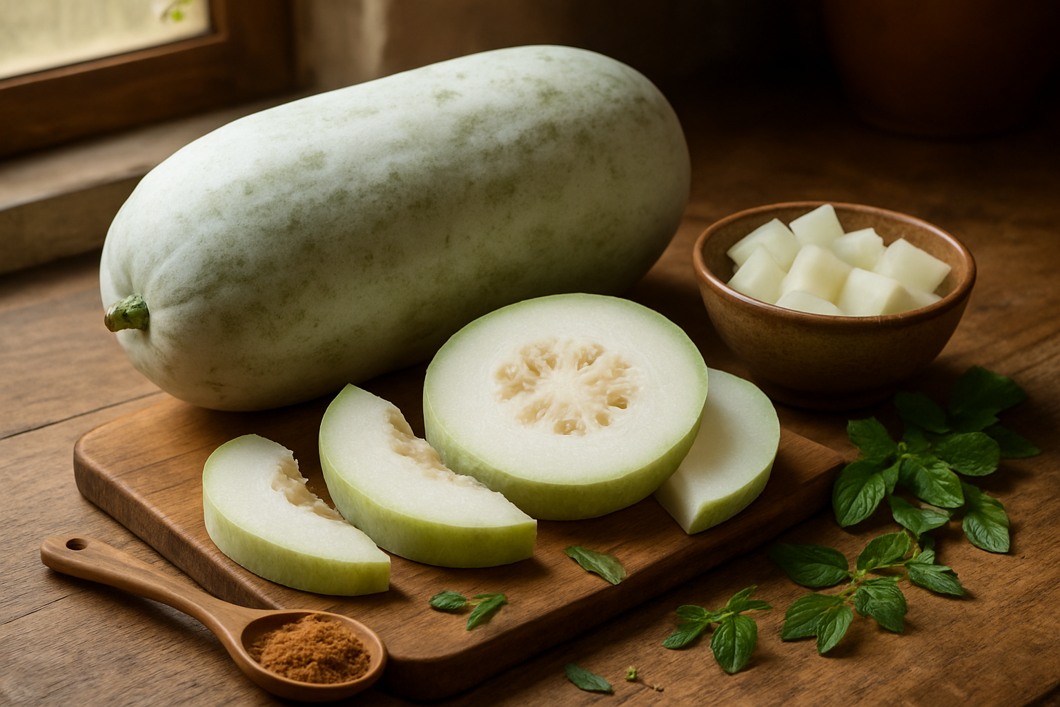 Create a realistic image of a whole winter melon with its distinctive waxy white coating sitting on a wooden cutting board, accompanied by sliced winter melon pieces showing the translucent white flesh and seed cavity, fresh green herbs scattered around, a wooden spoon with ground spices, and a small bowl of cubed winter melon, all arranged on a rustic kitchen counter with soft natural lighting from a nearby window, warm and inviting atmosphere suggesting culinary completion and traditional cooking wisdom, absolutely NO text should be in the scene.