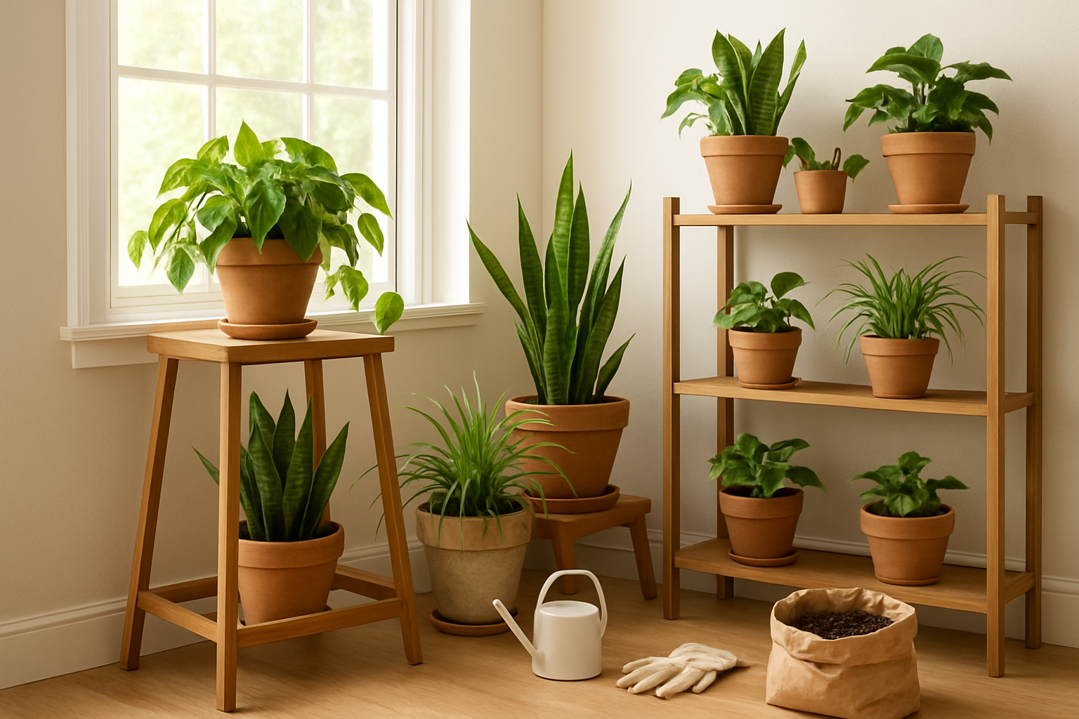 Create a realistic image of a bright, well-lit indoor space showing a beginner-friendly indoor garden setup with several easy-to-care-for plants including pothos, snake plants, and spider plants arranged on wooden plant stands, shelves, and windowsills, featuring various sized terracotta and ceramic pots, a small watering can, gardening gloves, and potting soil bag nearby, with natural sunlight streaming through large windows creating a warm, inviting atmosphere that suggests the start of someone's indoor gardening journey, absolutely NO text should be in the scene.