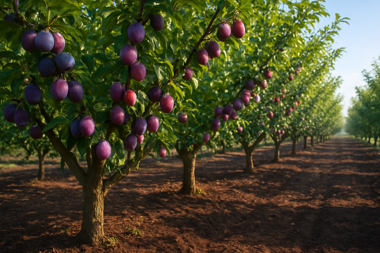Create a realistic image of a thriving plum orchard with healthy plum trees laden with ripe purple and red plums, showing ideal growing conditions with rich dark soil, gentle morning sunlight filtering through the canopy, well-spaced rows of mature trees, and a clear blue sky in the background, capturing the essence of optimal agricultural environment for quality plum production. Absolutely NO text should be in the scene.