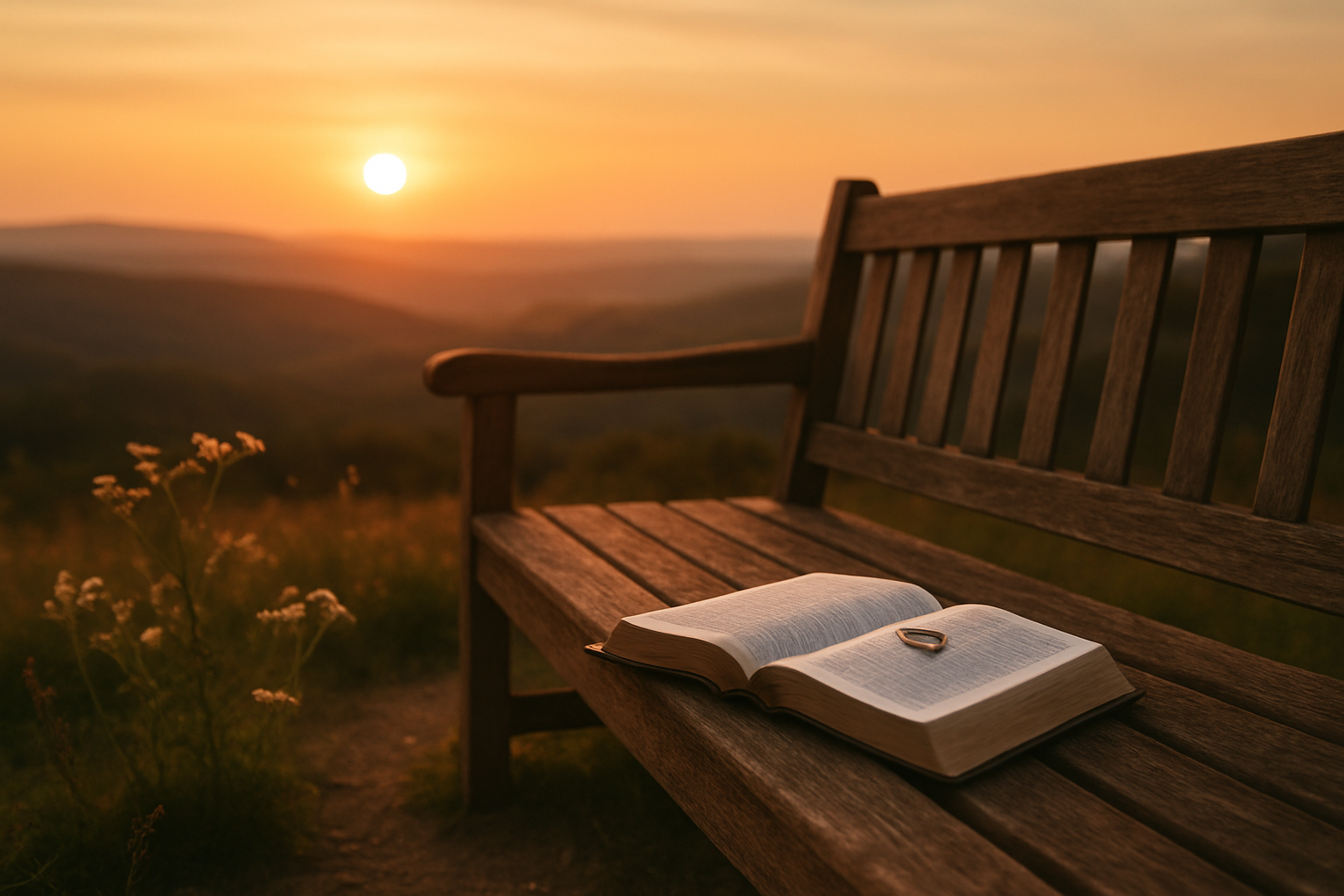 Create a realistic image of a peaceful outdoor scene at golden hour with a wooden bench positioned on a scenic overlook facing a beautiful sunset, featuring gentle rolling hills in the background, soft warm lighting casting a serene glow across the landscape, with an open Bible resting on the bench alongside a simple wedding ring placed on top of the pages, wildflowers growing nearby, and a sense of hopeful anticipation in the tranquil atmosphere, absolutely NO text should be in the scene.