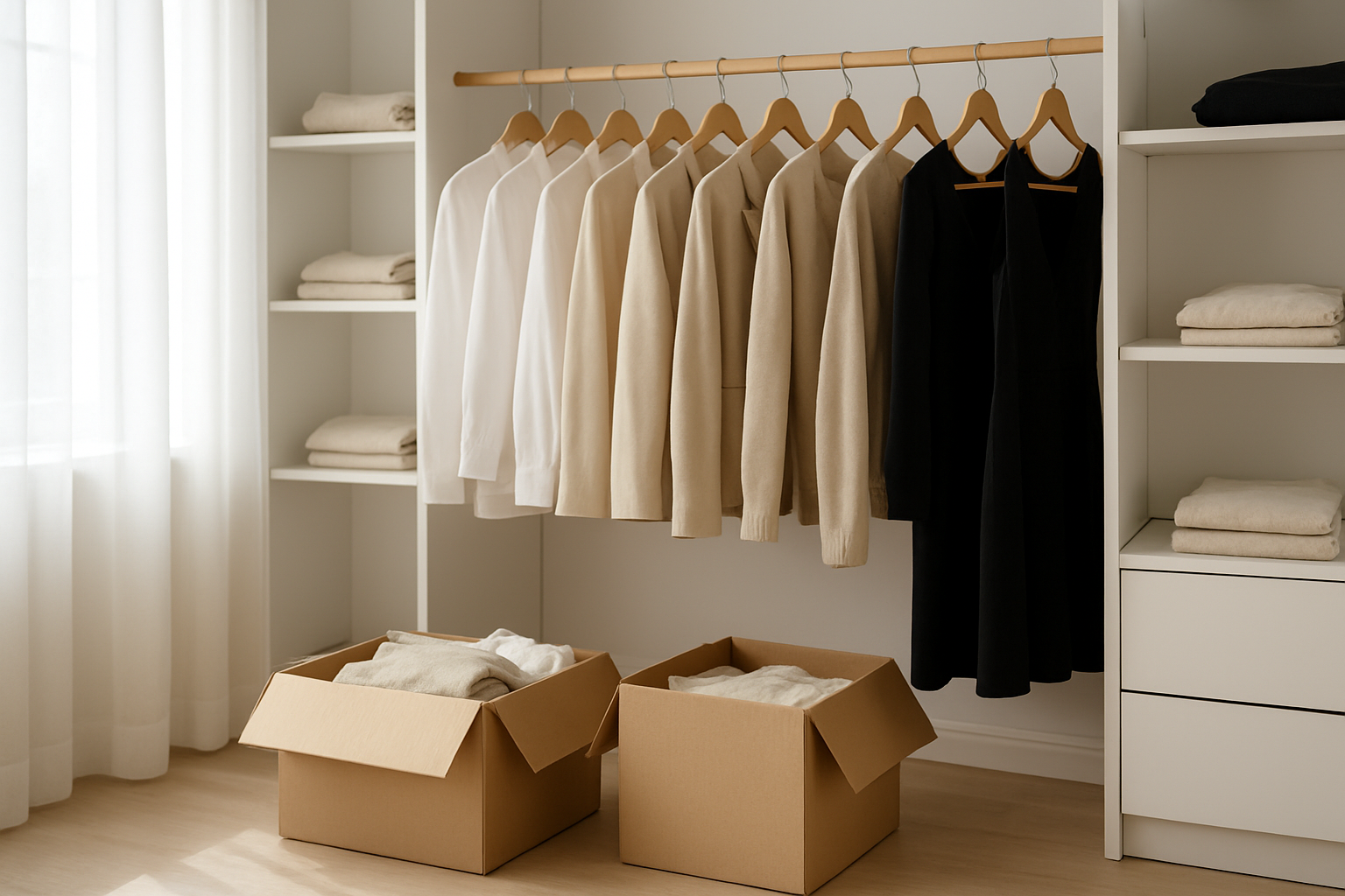 Create a realistic image of a bright, well-lit walk-in closet or bedroom wardrobe area with neatly organized clothing items hanging on wooden hangers, showing a mix of neutral-colored garments like white shirts, beige blazers, and black dresses arranged by category, with some folded items on shelves, a few donation boxes on the floor filled with clothes, and clean minimalist styling with natural lighting streaming through a window, capturing the essence of an organized decluttering process in progress, absolutely NO text should be in the scene.