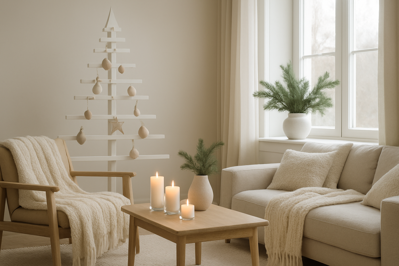 Create a realistic image of a cozy Scandinavian Christmas living room featuring a minimalist white wooden Christmas tree with simple natural ornaments, cream-colored knitted throw blankets draped over a light wood furniture, white pillar candles in glass holders creating soft warm lighting, pine branches in ceramic vases, neutral tones of white, beige, and natural wood throughout the space, clean lines and uncluttered surfaces that emphasize simplicity and tranquility, large windows with natural daylight filtering in, and a few subtle silver accents, all combining to create a peaceful and serene holiday atmosphere, absolutely NO text should be in the scene.