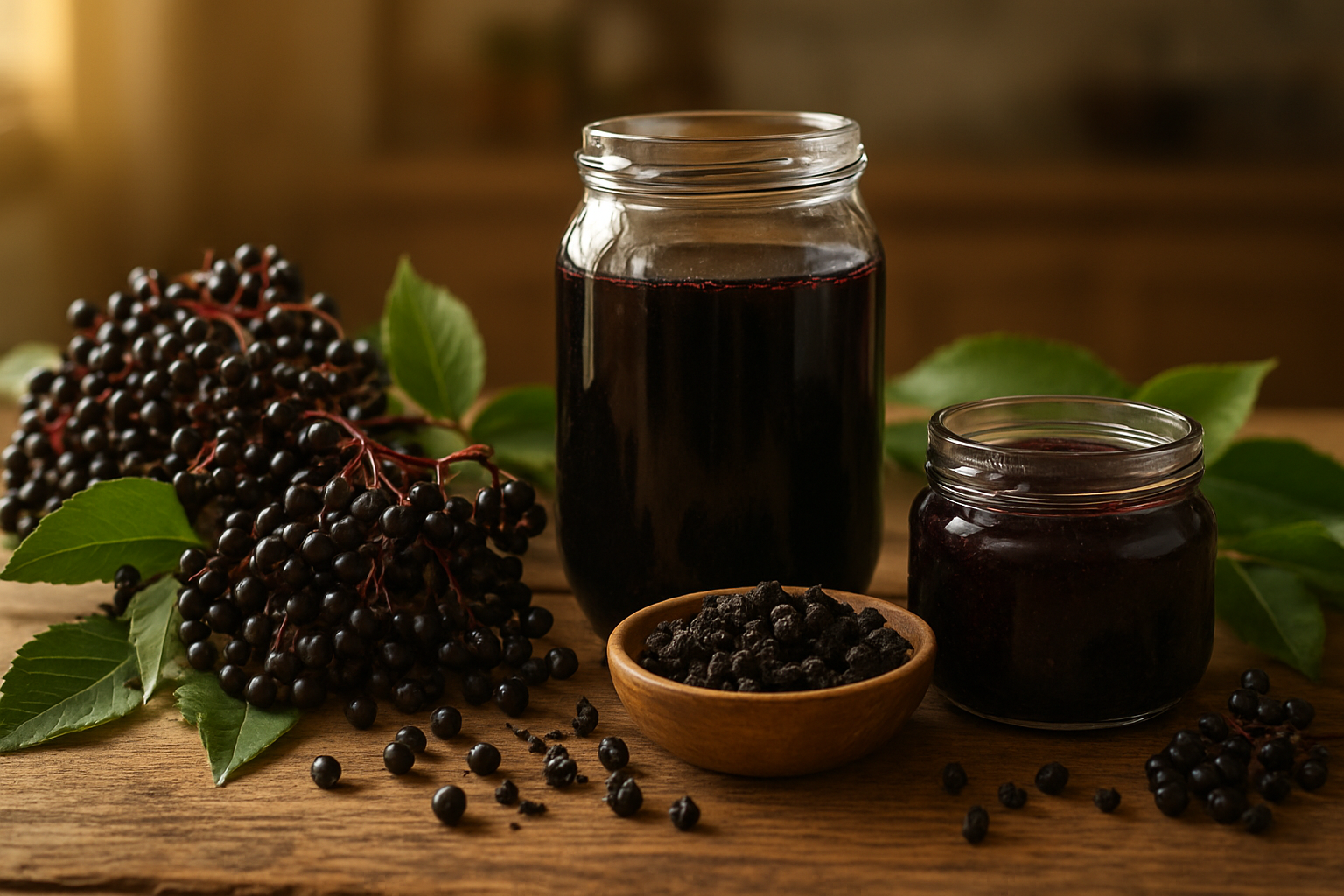 Create a realistic image of a rustic wooden table displaying fresh dark purple elderberries in clusters alongside elderberry products including a glass jar of elderberry syrup, a small bowl of dried elderberries, and elderberry jam, with fresh green elderberry leaves scattered around, set against a soft natural kitchen background with warm golden lighting that creates a cozy, wholesome atmosphere showcasing the complete elderberry journey from raw fruit to finished products, absolutely NO text should be in the scene.
