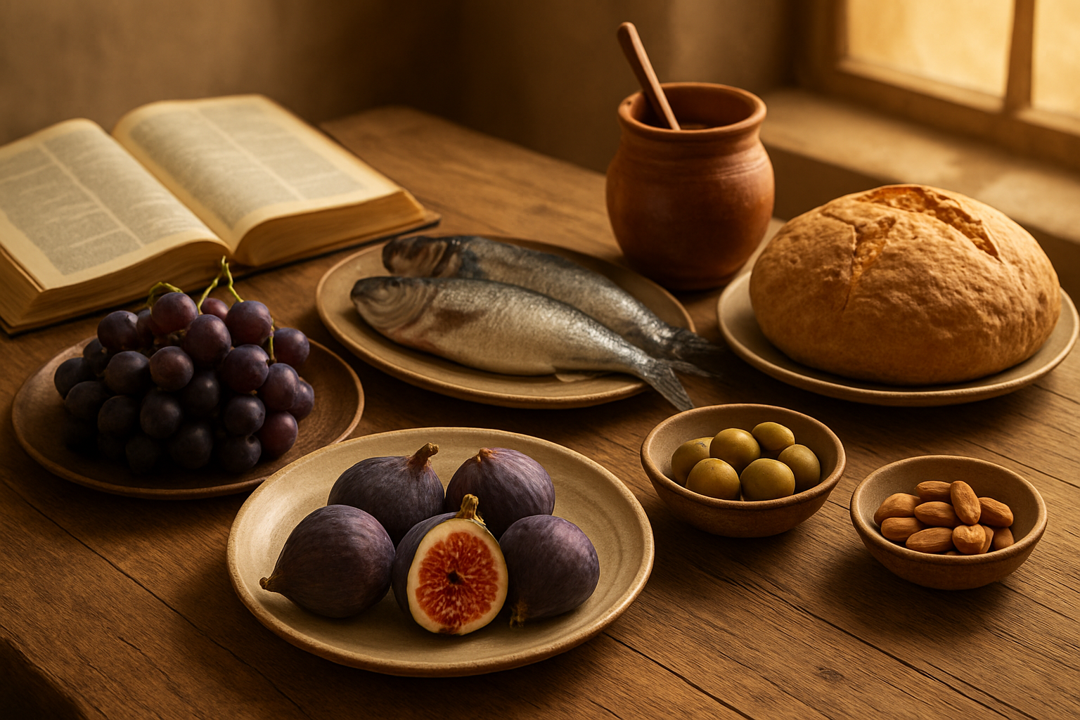 Create a realistic image of a wooden table displaying fresh biblical foods including figs, grapes, olives, fish, bread, honey in a clay jar, and almonds arranged on rustic ceramic plates and bowls, with an open Bible beside the food, warm golden lighting streaming through a window, creating a peaceful and sacred atmosphere that represents healthy eating principles from scripture, absolutely NO text should be in the scene.